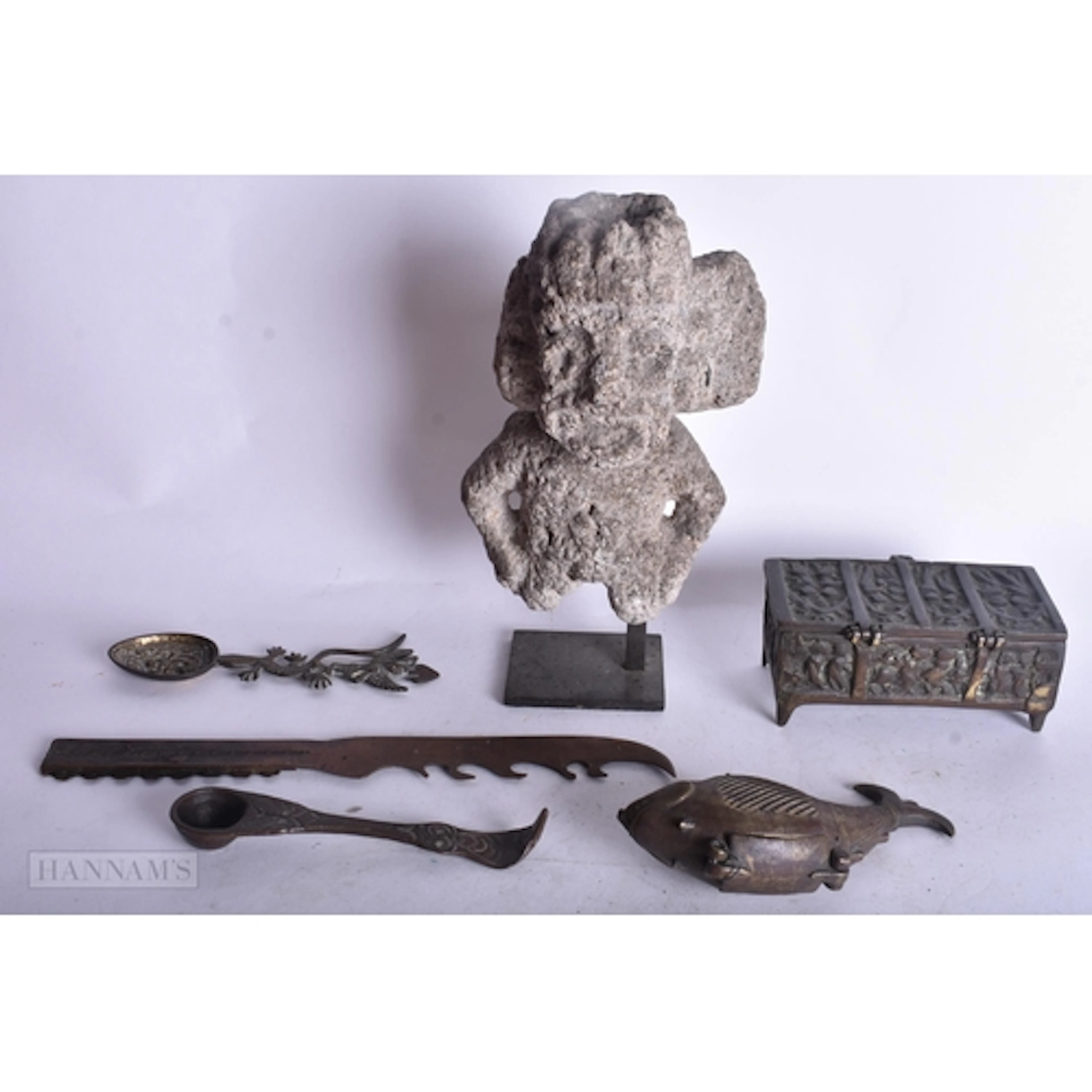 A AZTEC CARVED VOLCANIC STONE FIGURE TOGETHER WITH A COLLECT...
