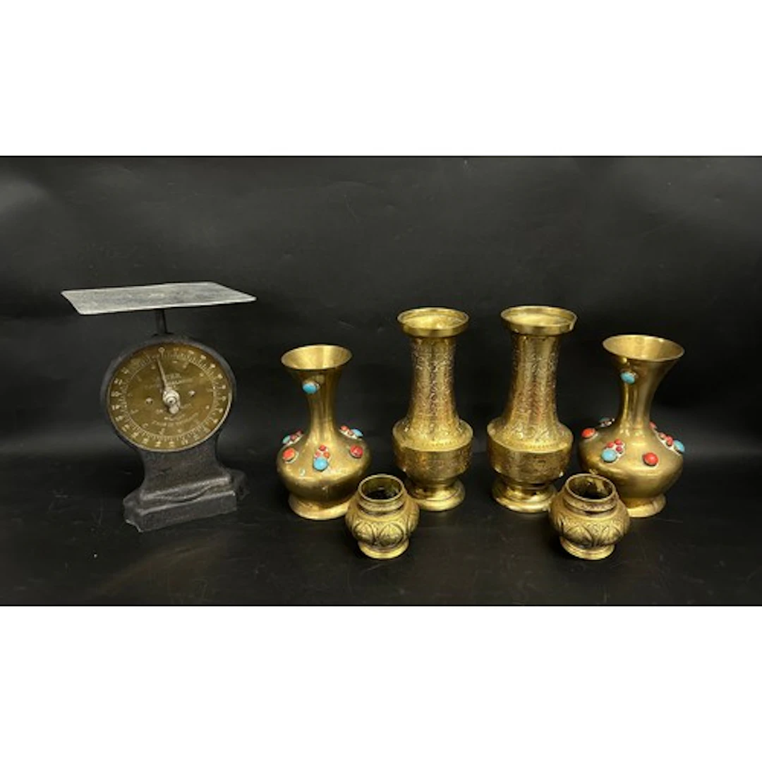 A collection of brass vases, with a Salter letter balance