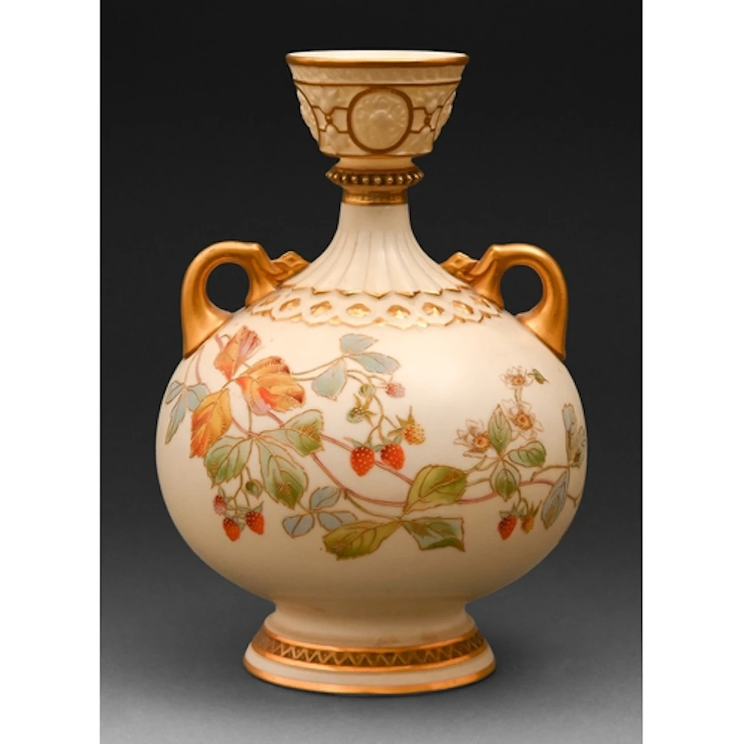 A Royal Worcester two-handled blush ivory vase, 1888, painte...