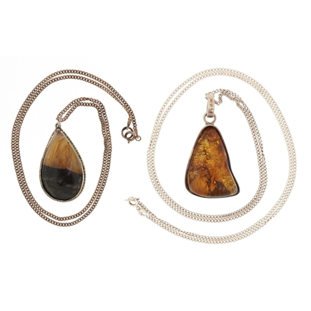 Two silver pendants on silver necklaces, comprising natural ...