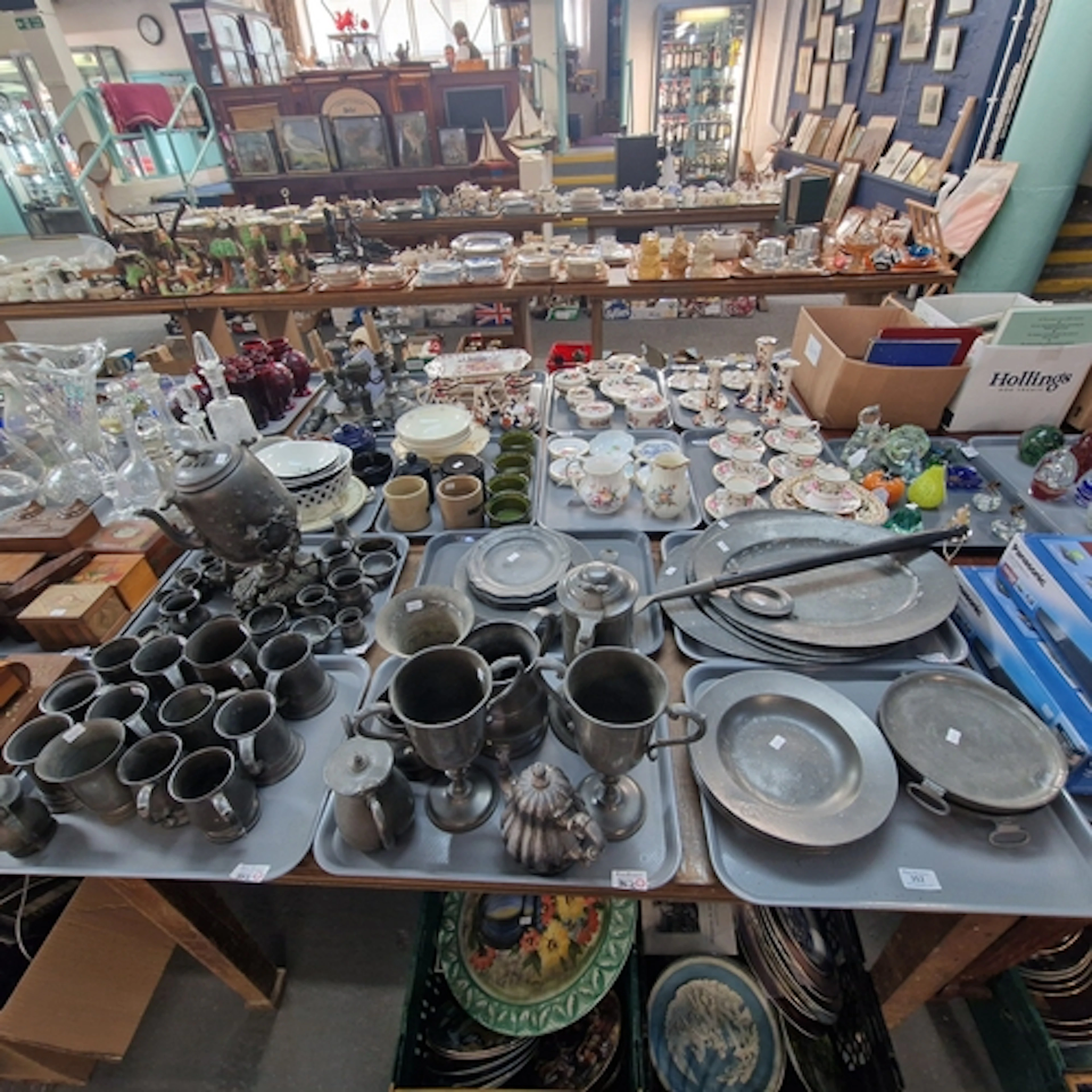 Large collection of antique pewter items, to include oval me...