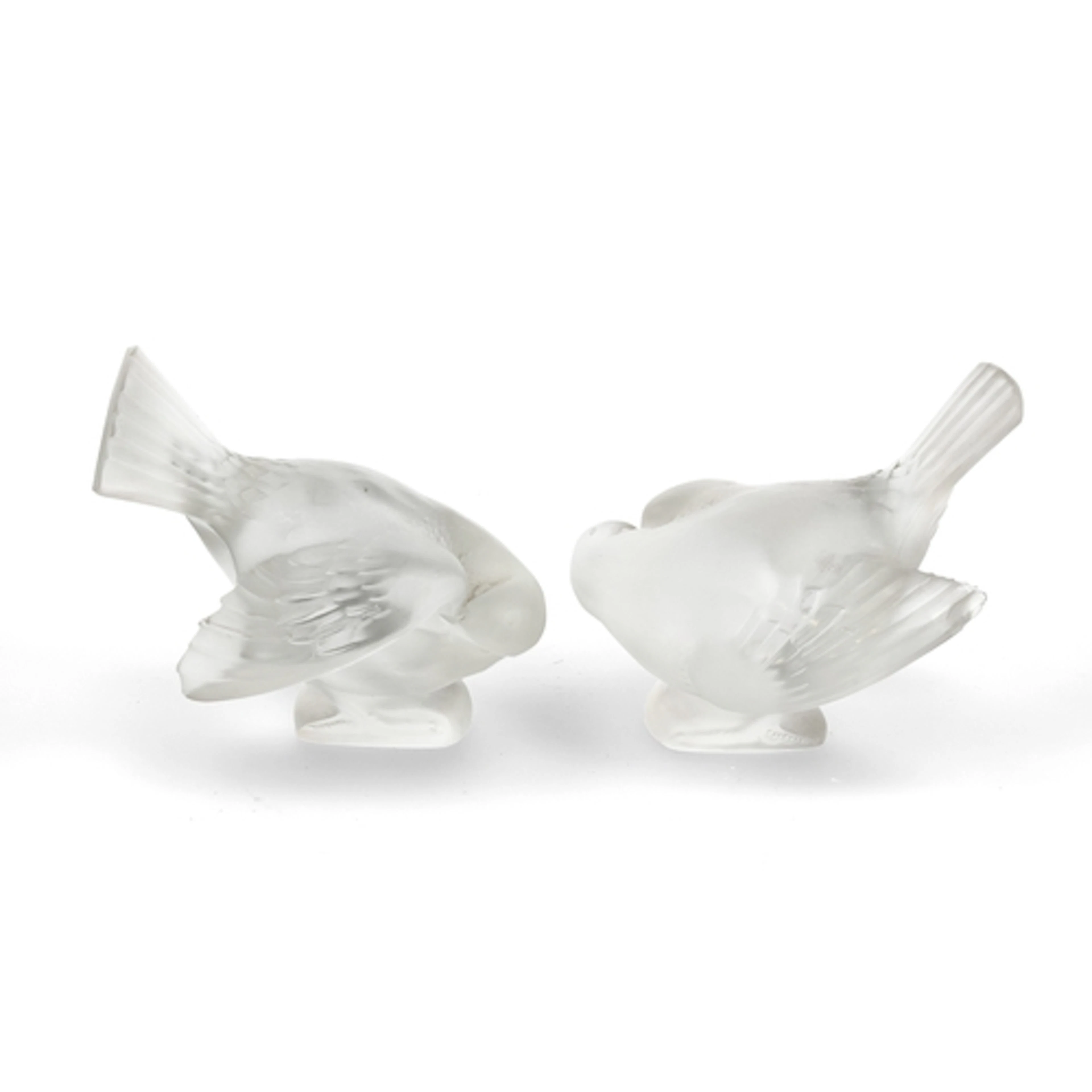 A PAIR OF LALIQUE 'PREENING SPARROW' GLASS FIGURES One etche...