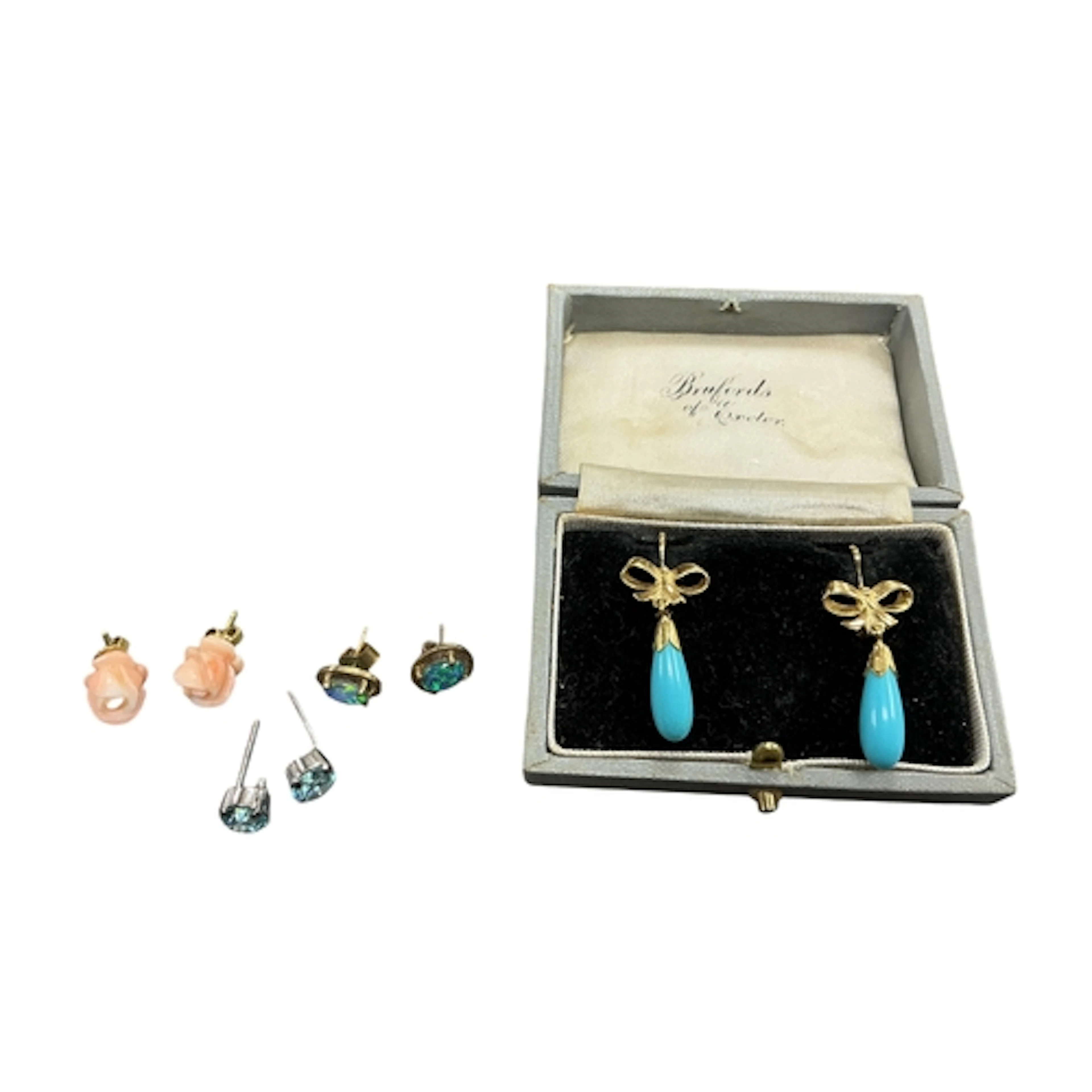 A pair of Italian 750 and blue enamel drop earrings, approx....