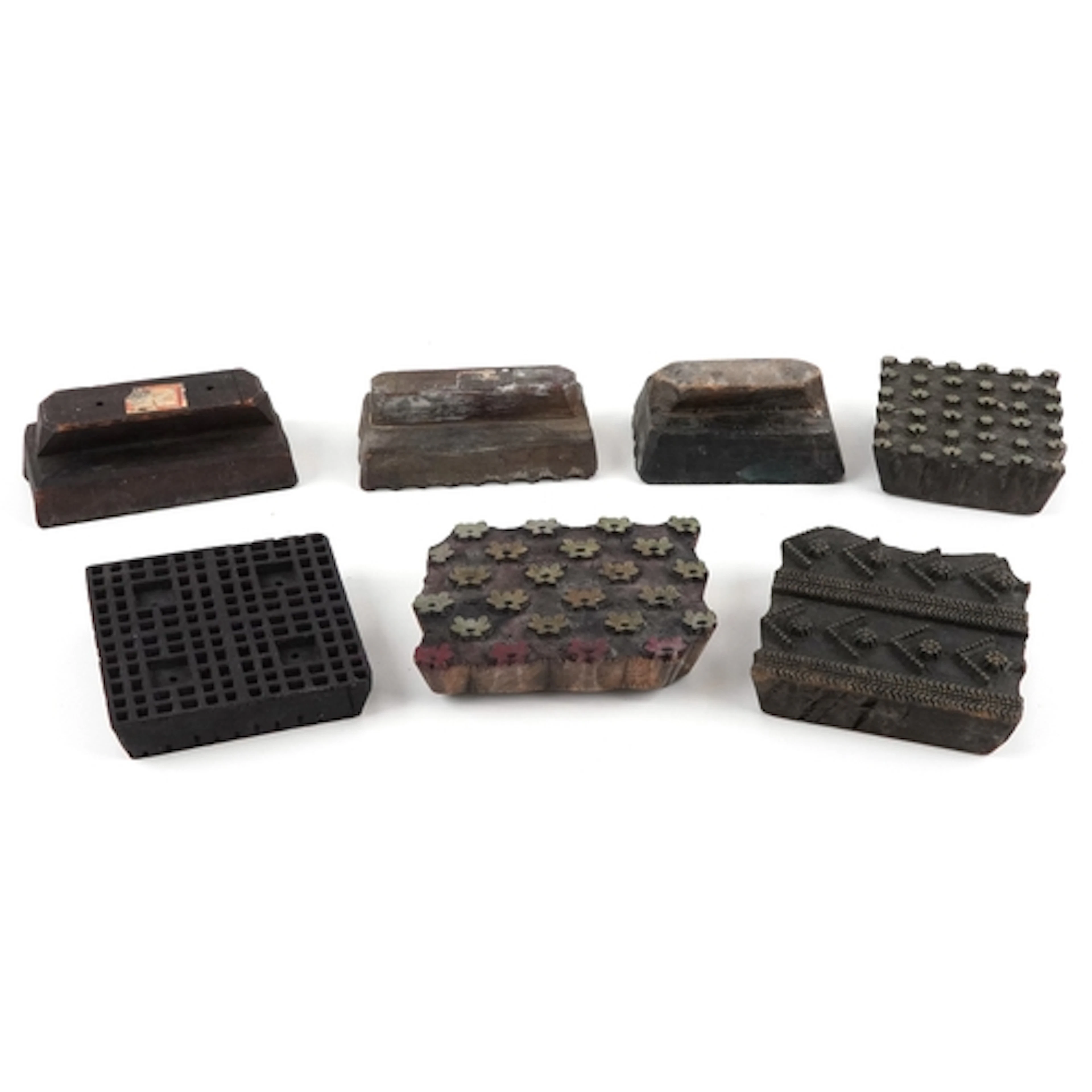 Collection of 7 antique Indian hand carved printing blocks, ...