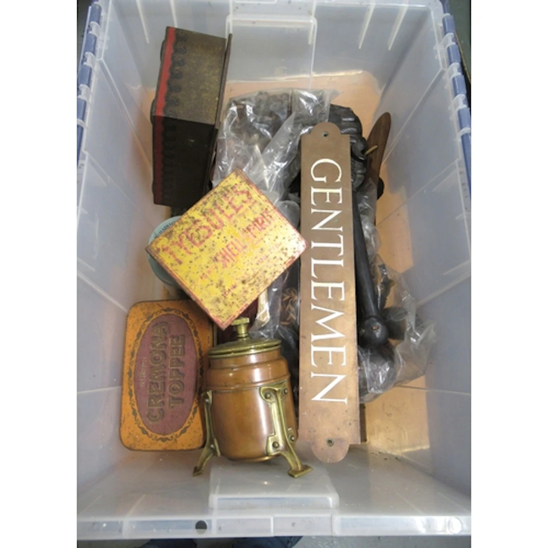 Arts & Crafts brass and copper tobacco jar, various advertis...