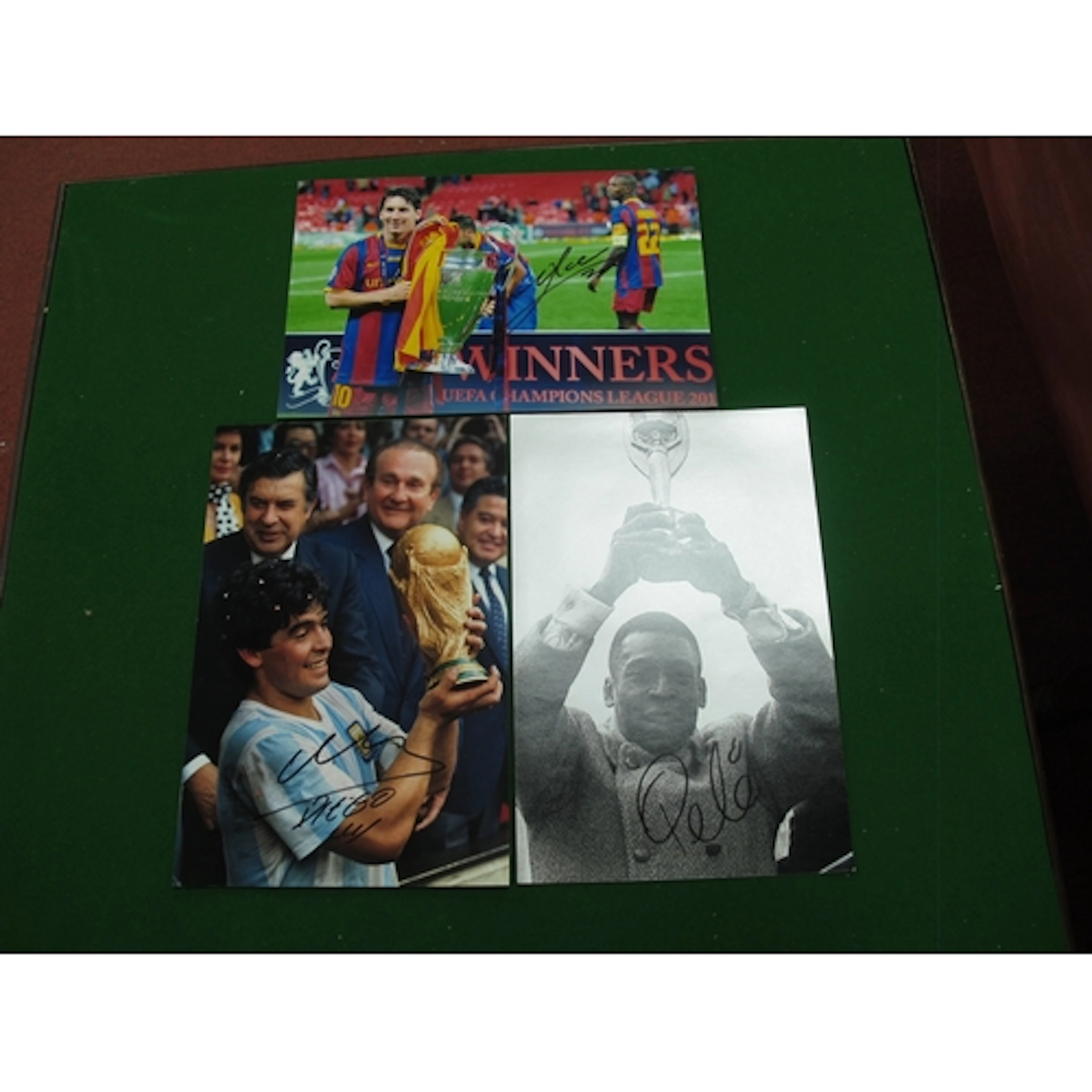 Autographs - Lionel Messi, Diego Maradona and Pele, black pe...