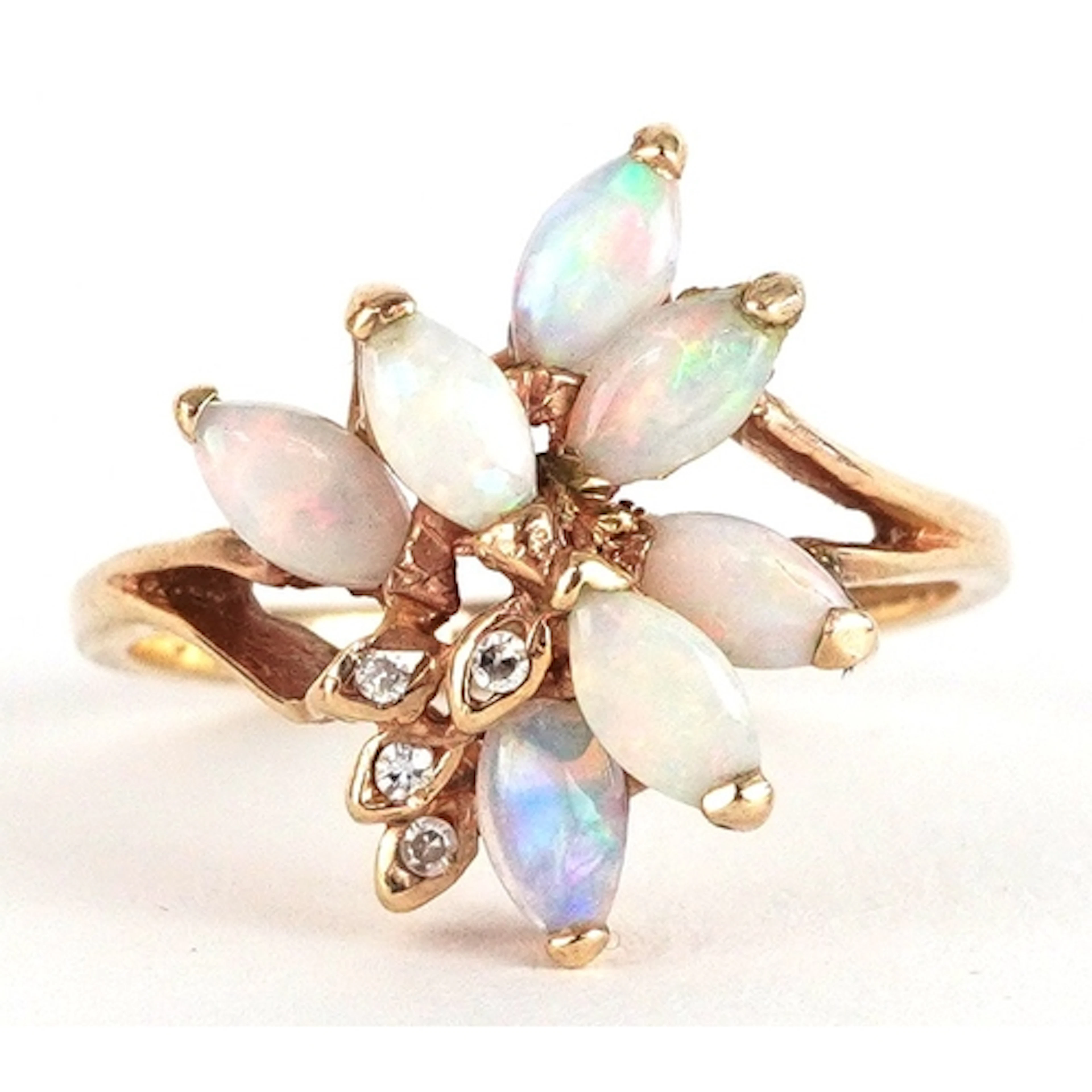 9ct gold opal and diamond naturalistic ring, size P/Q, 3.4g.
