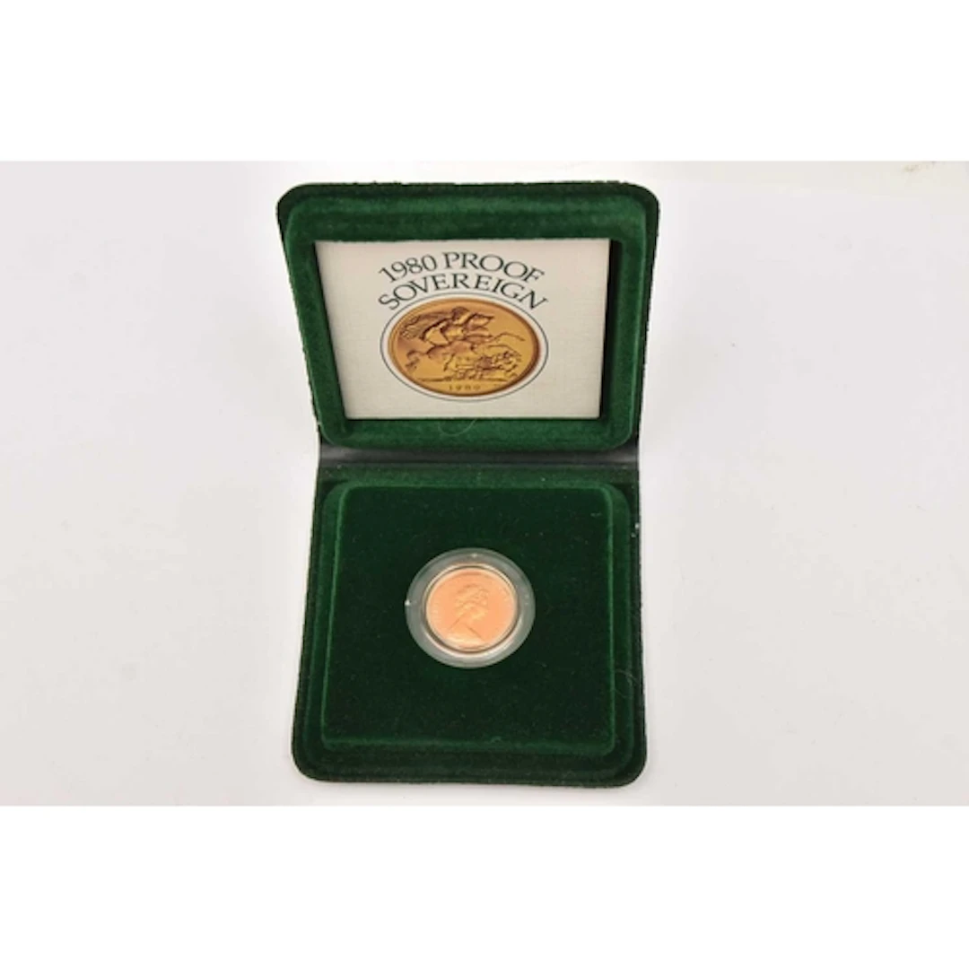 A CASED ROYAL MINT 1980 FULL GOLD PROOF SOVEREIGN COIN, with...