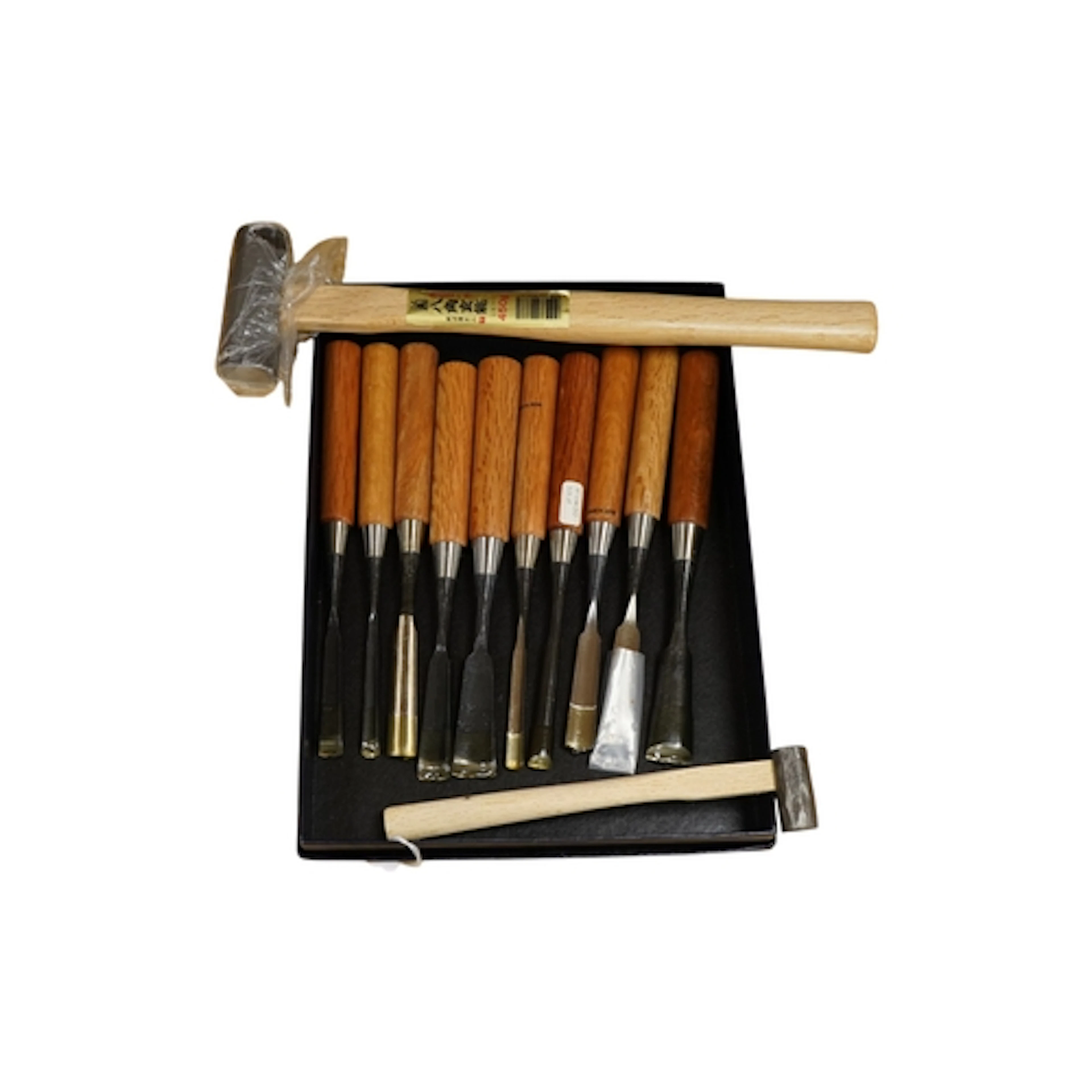 A set of ten Japanese wood working gouges, together with two...