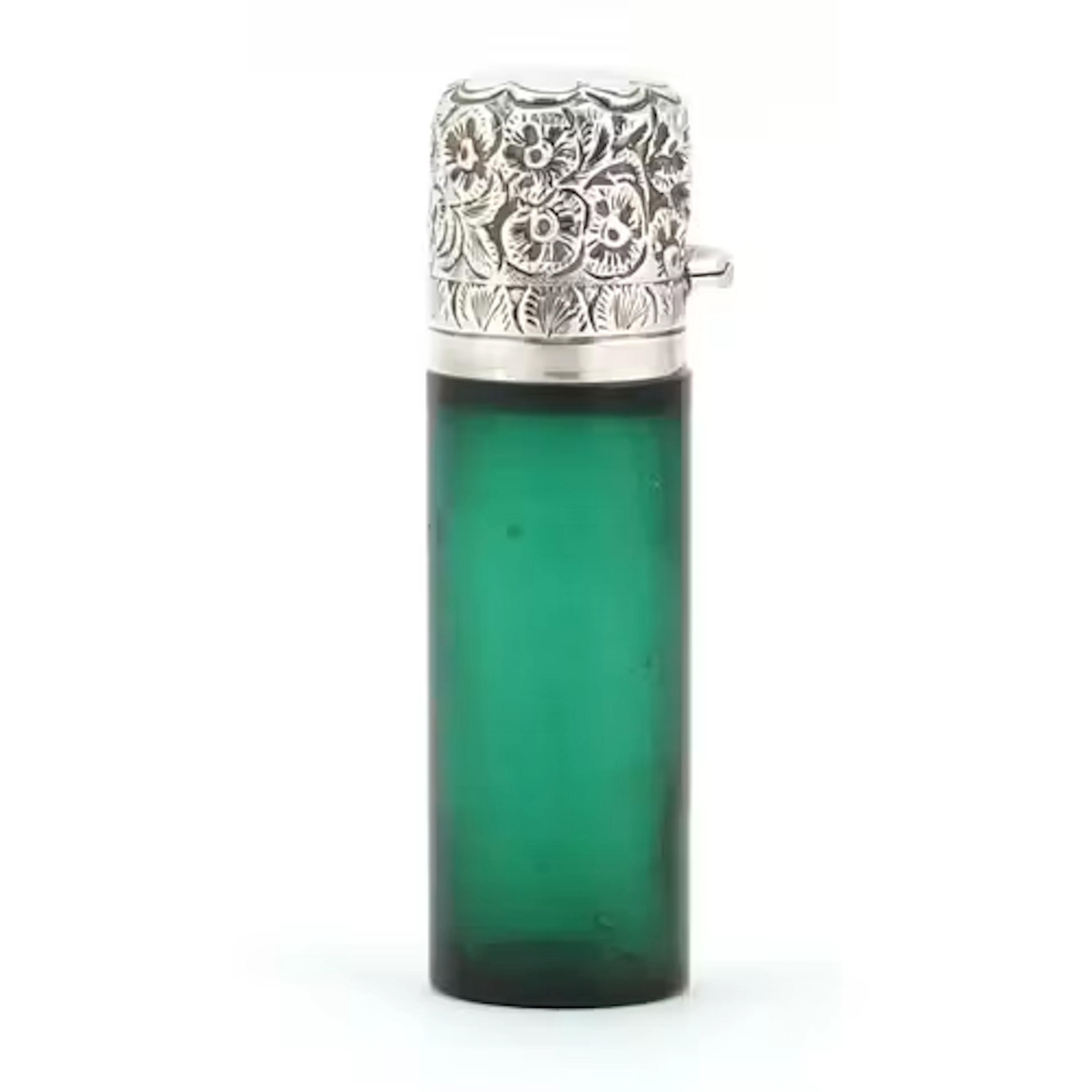 Victorian green glass scent bottle with silver hinged lid an...