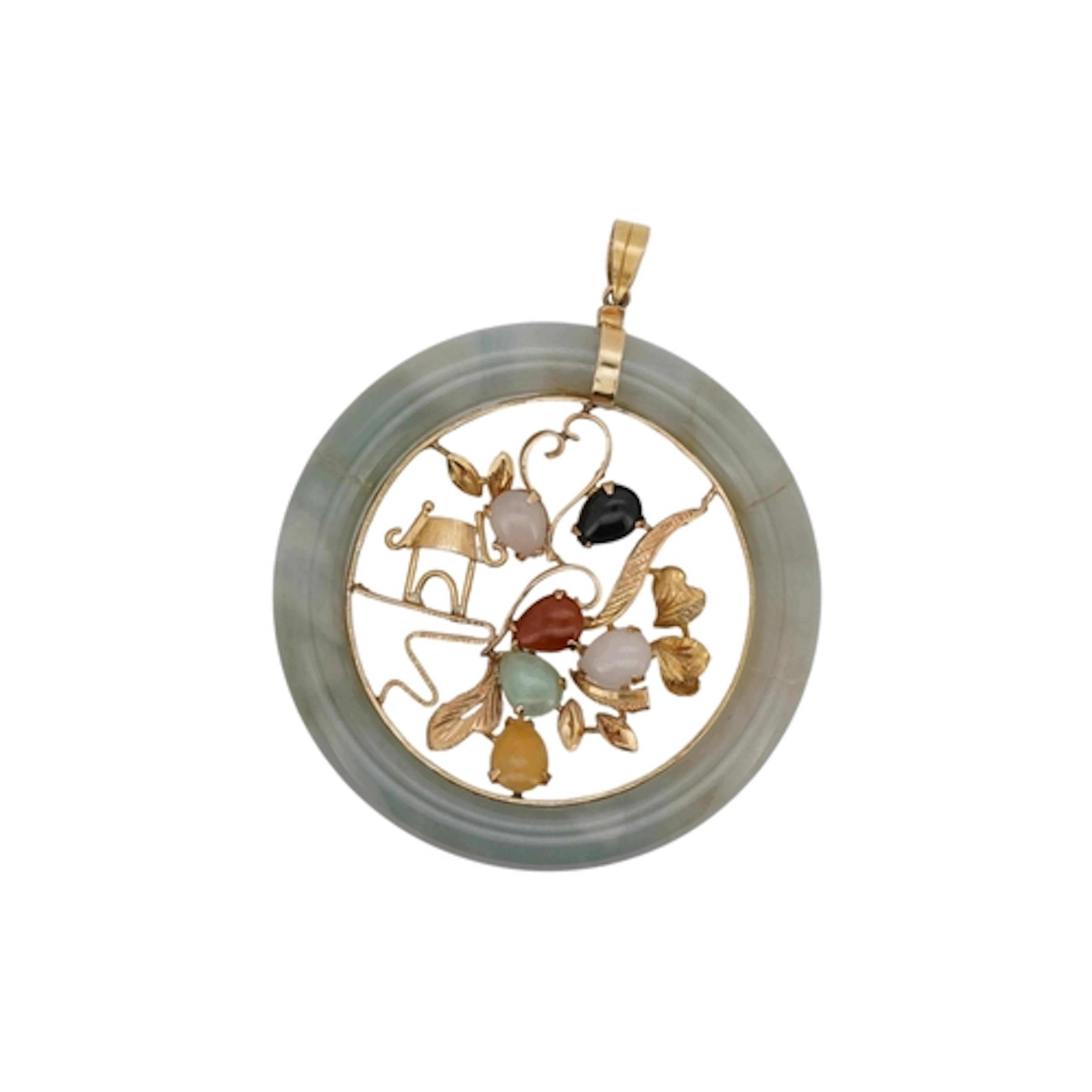 A Chinese jadeite disc pendant, the central 14k mounted set ...