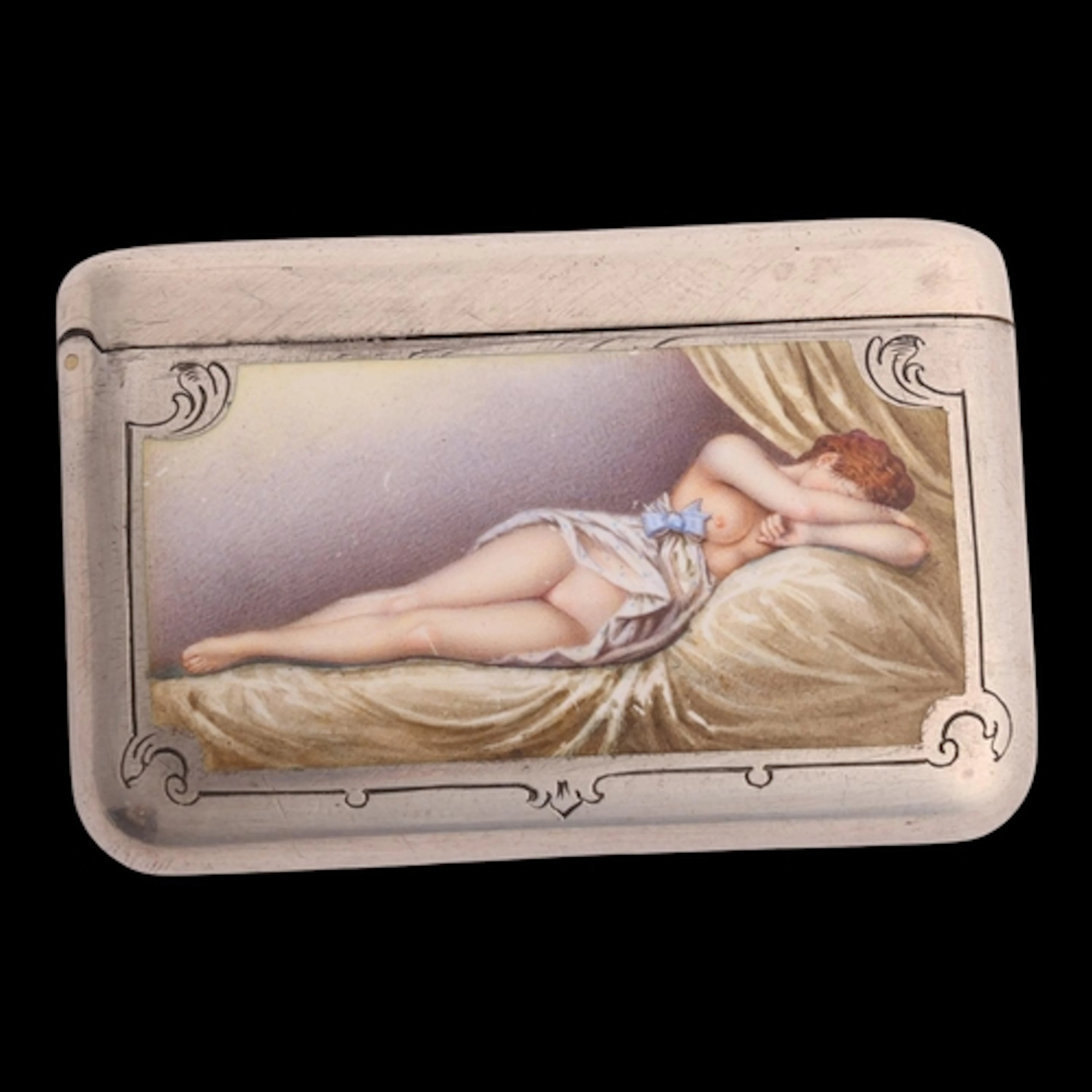 An Antique French silver and enamel erotic Vesta case, circa...