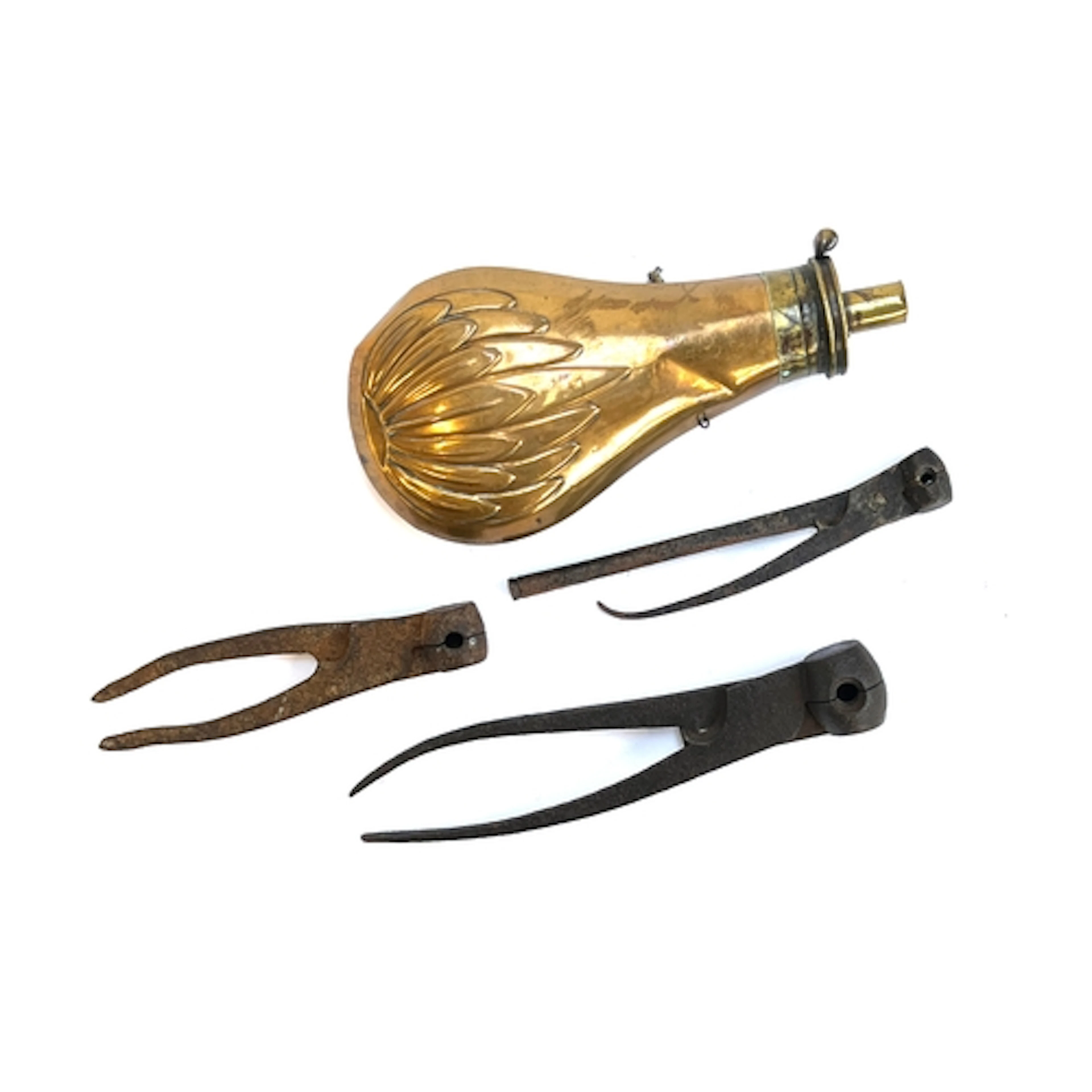 A copper and brass patent powder flask; and three antique sh...