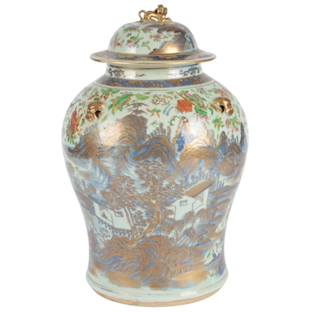 A Chinese enamelled underglaze blue baluster shaped vase and...