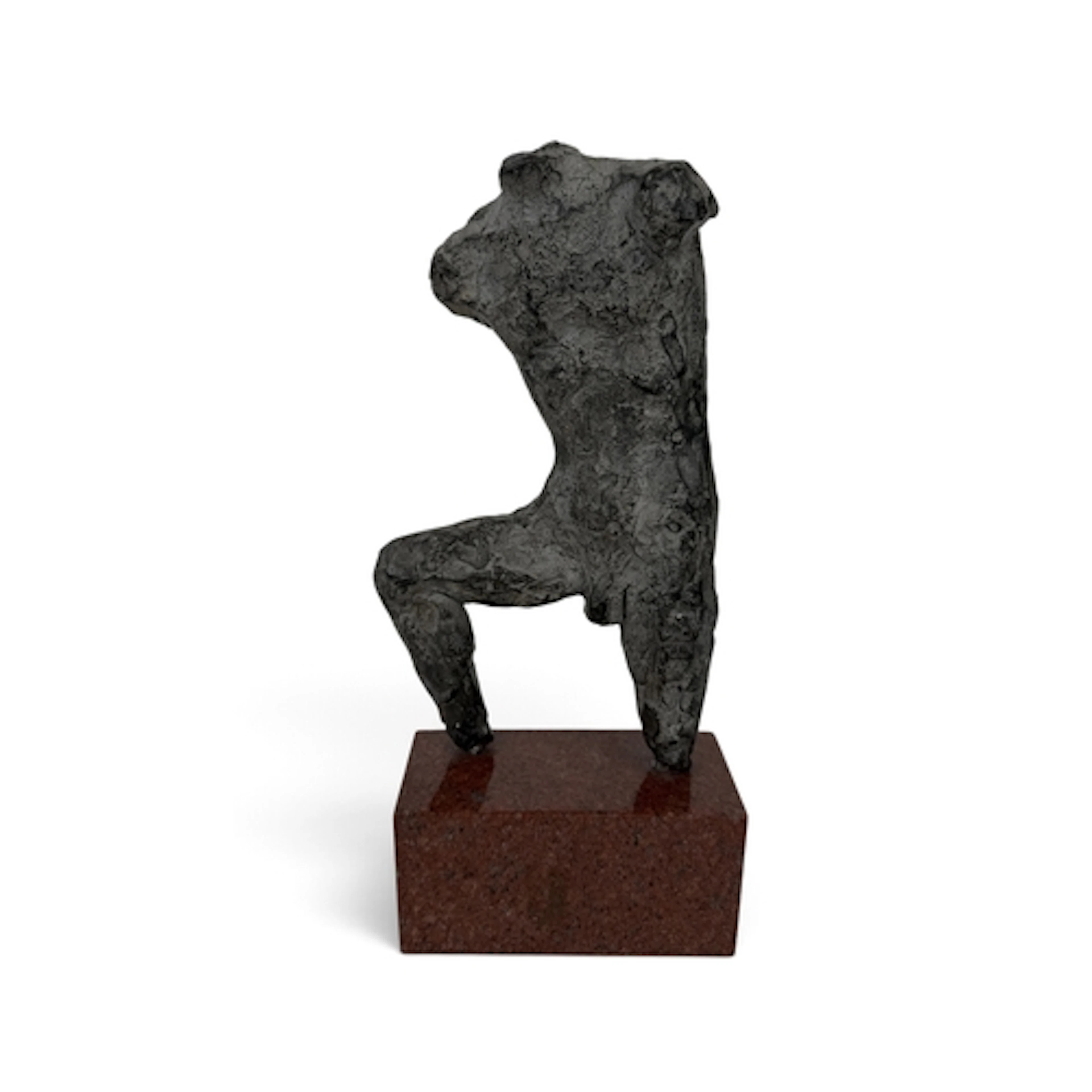 A PATINATED TERRACOTTA SCULPTURE OF A NUDE MAN WITH LEG OUTS...