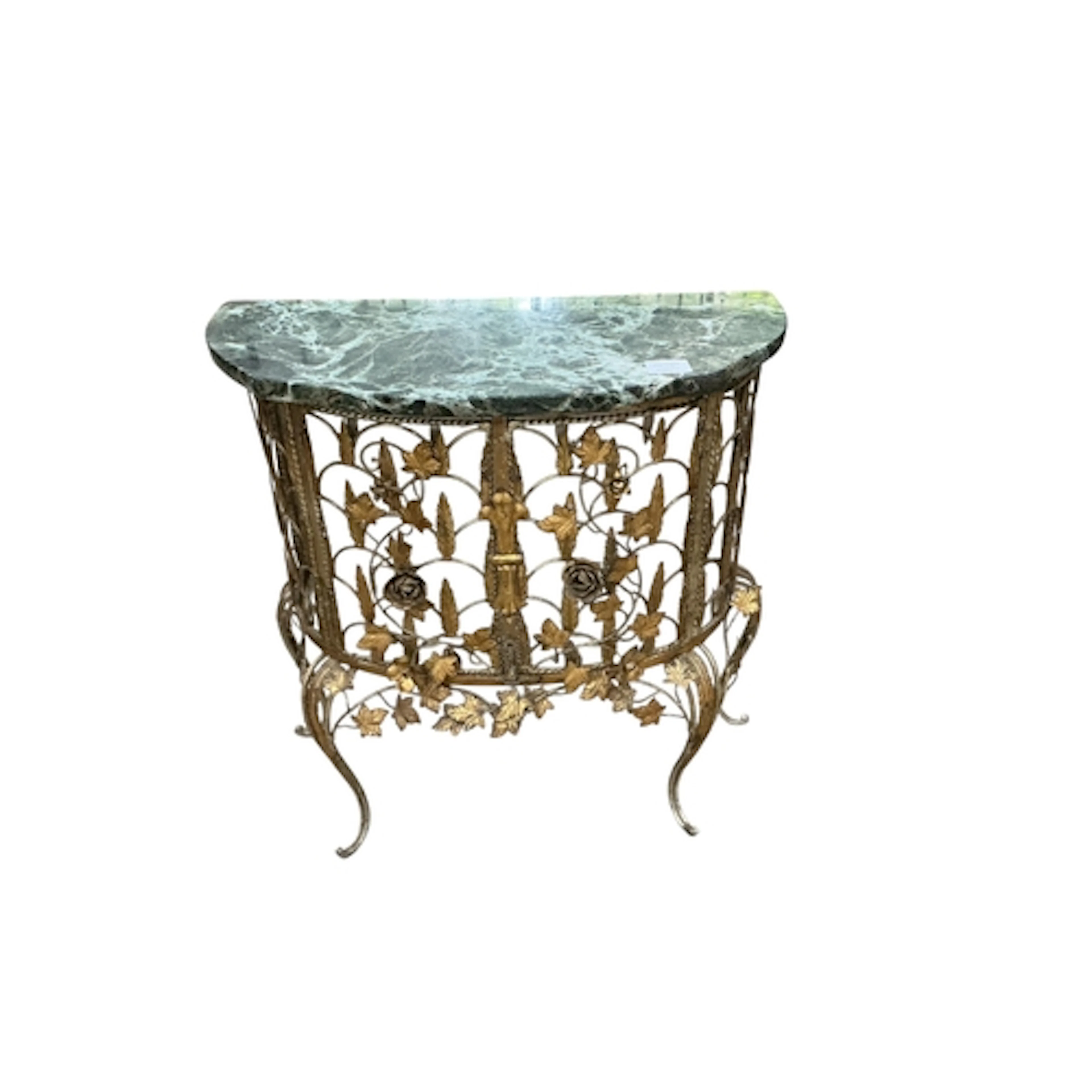A French gilt wrought iron and marble topped small demi-lune...
