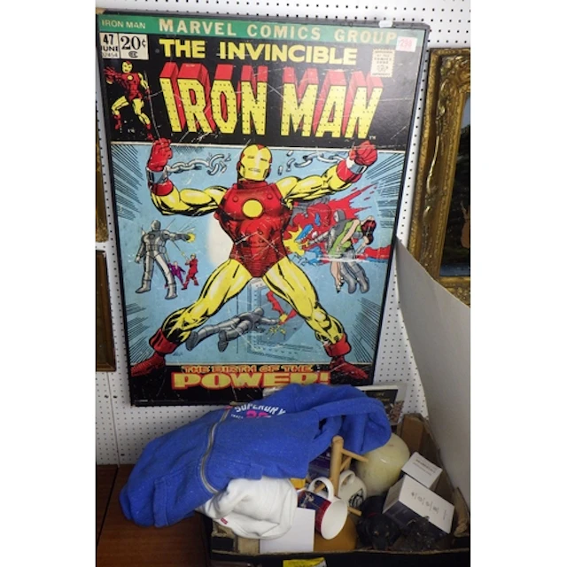 A box of misc collectables, two tops and a large Iron man pi...