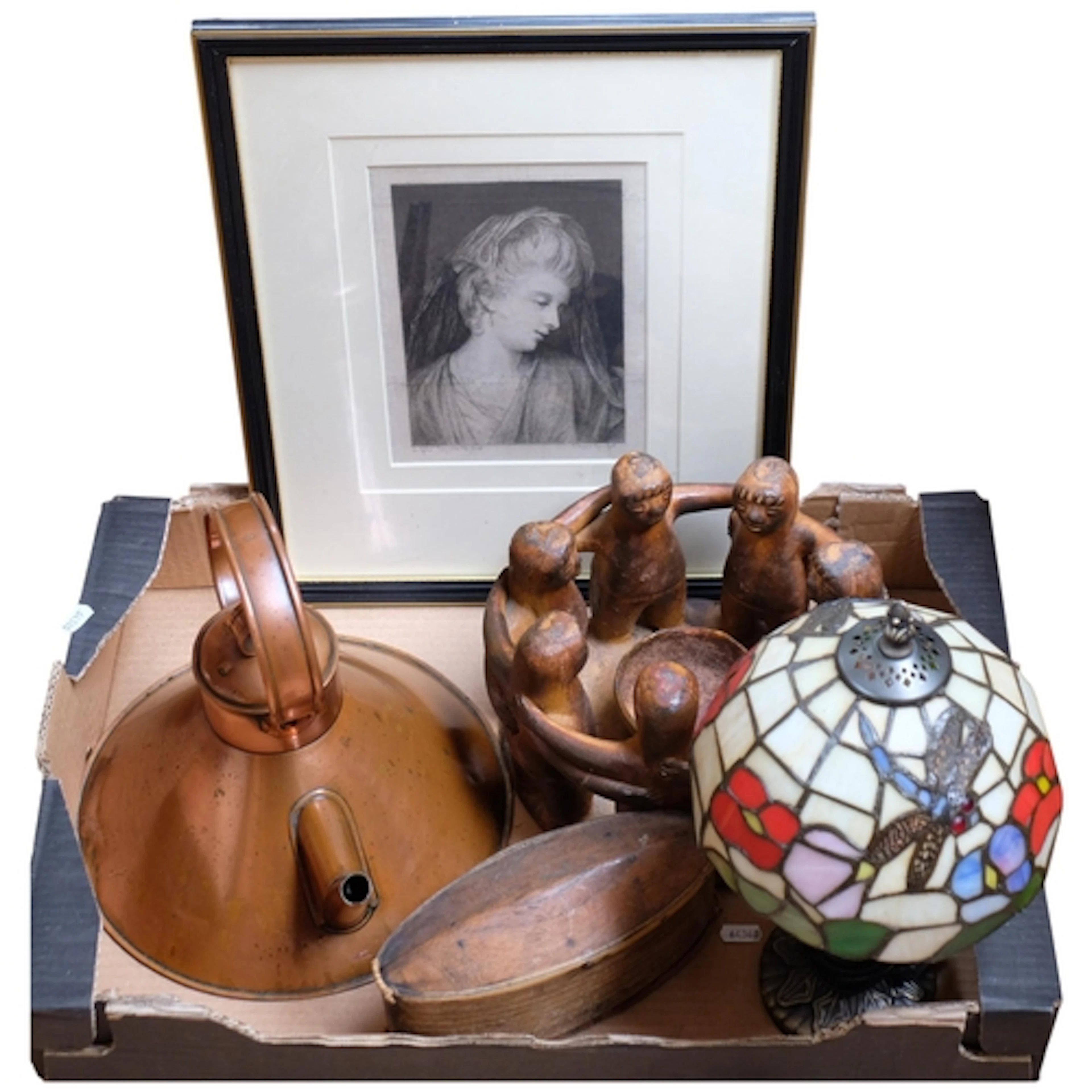 A small Tiffany style table lamp, an Antique copper kettle, ...