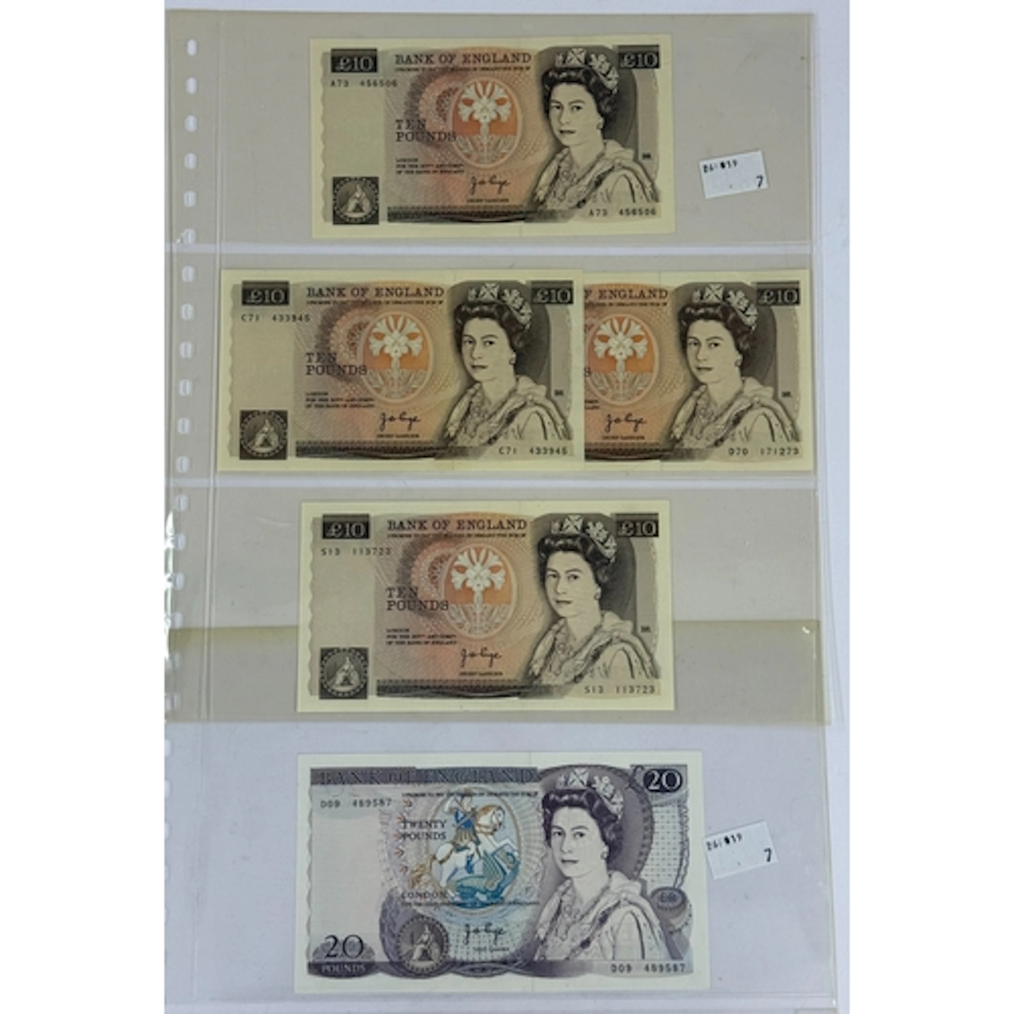 Banknotes: J B Page, £10 notes x 4 prefix A73, C71, D70, S13...