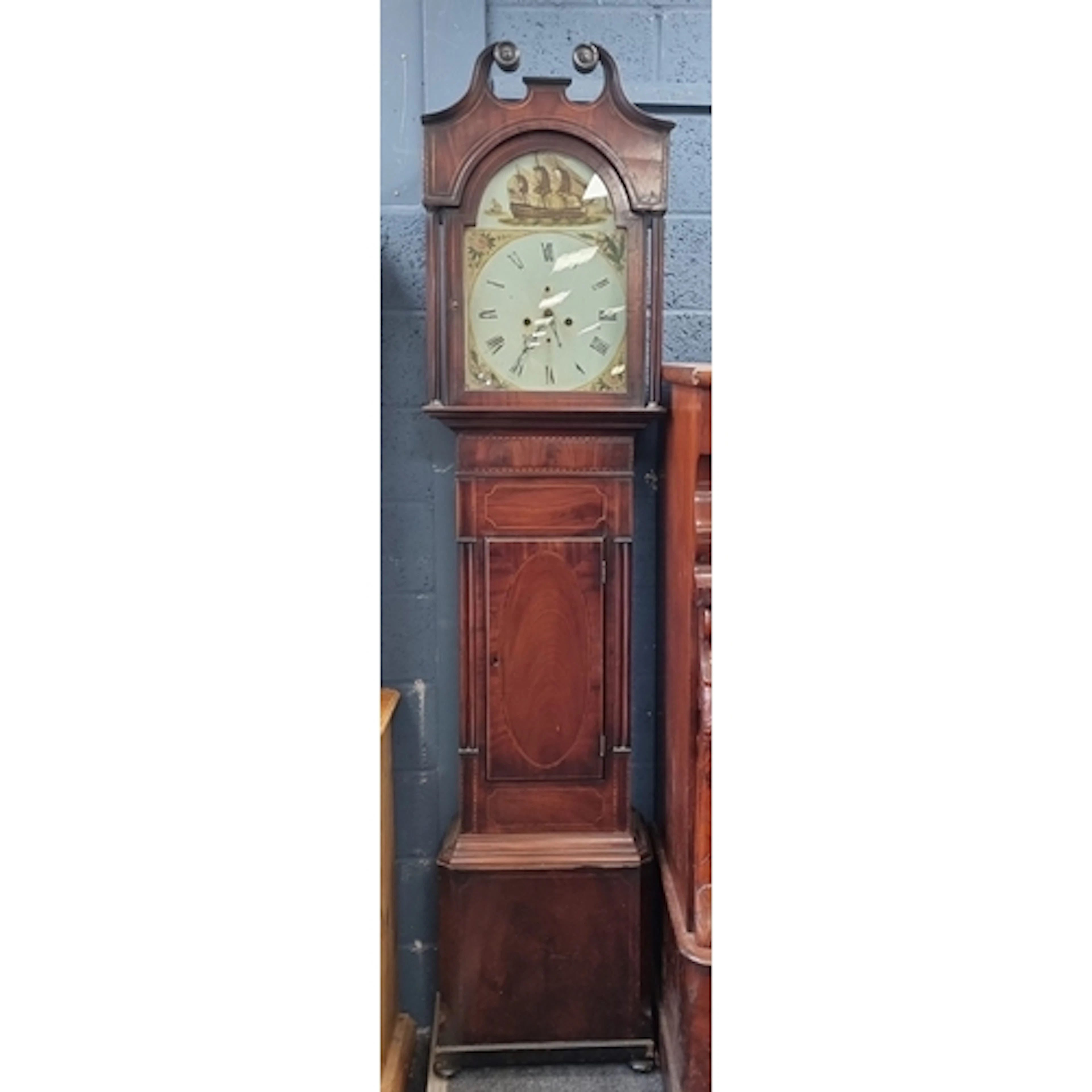 Antique Inlaid Mahogany Long Case longcase clock with painte...