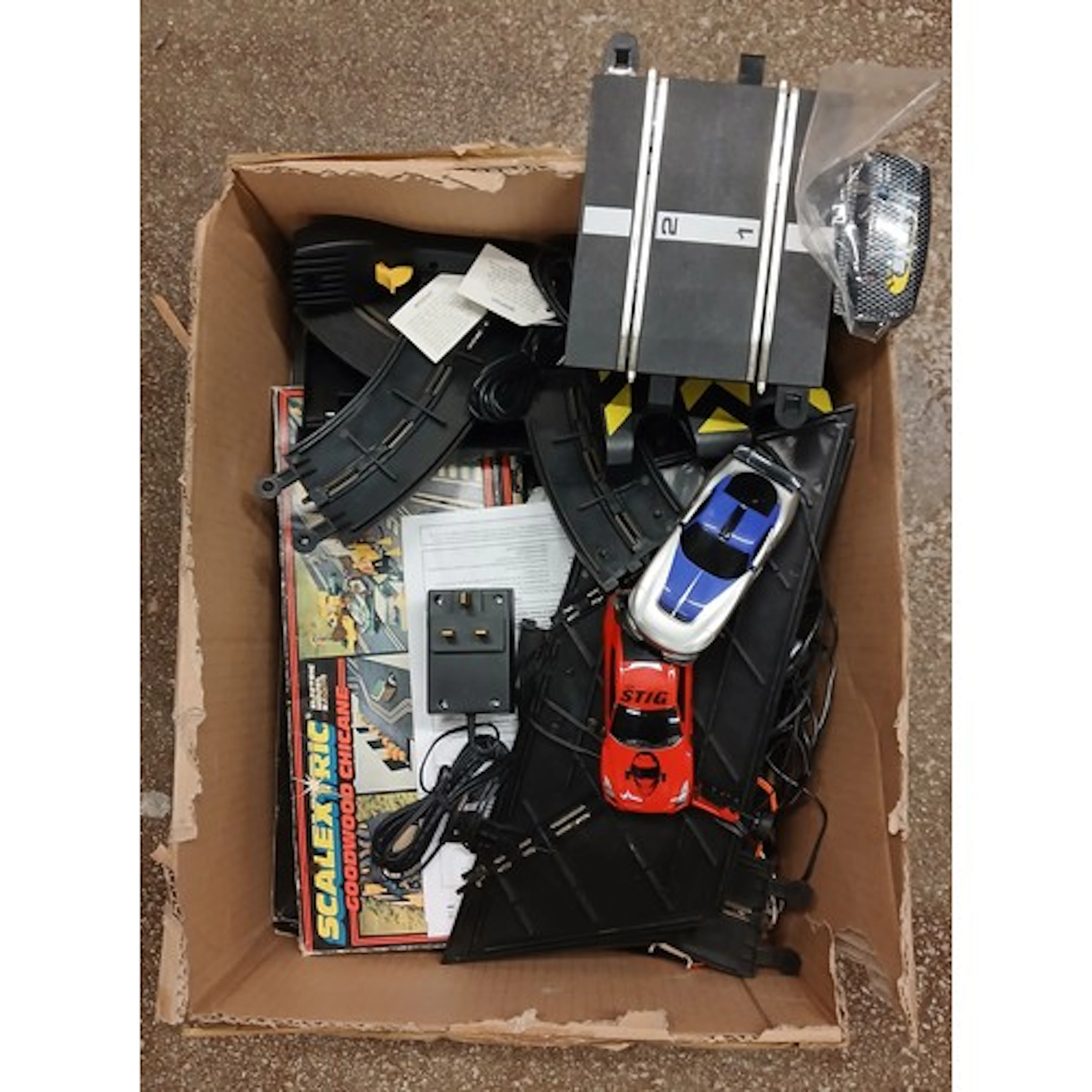 Box of Scalextric track, cars, etc.