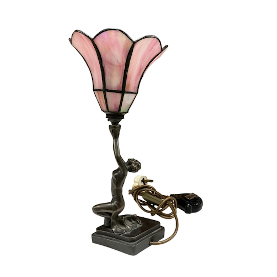 An Art Deco style figural lamp with leaded pink shade, 37cm ...