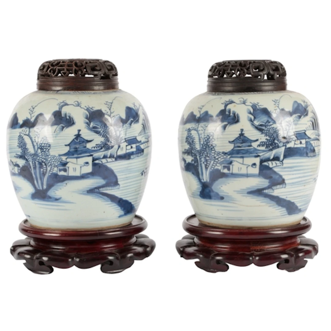 A pair of Chinese blue and white jars, 18th century, with pi...