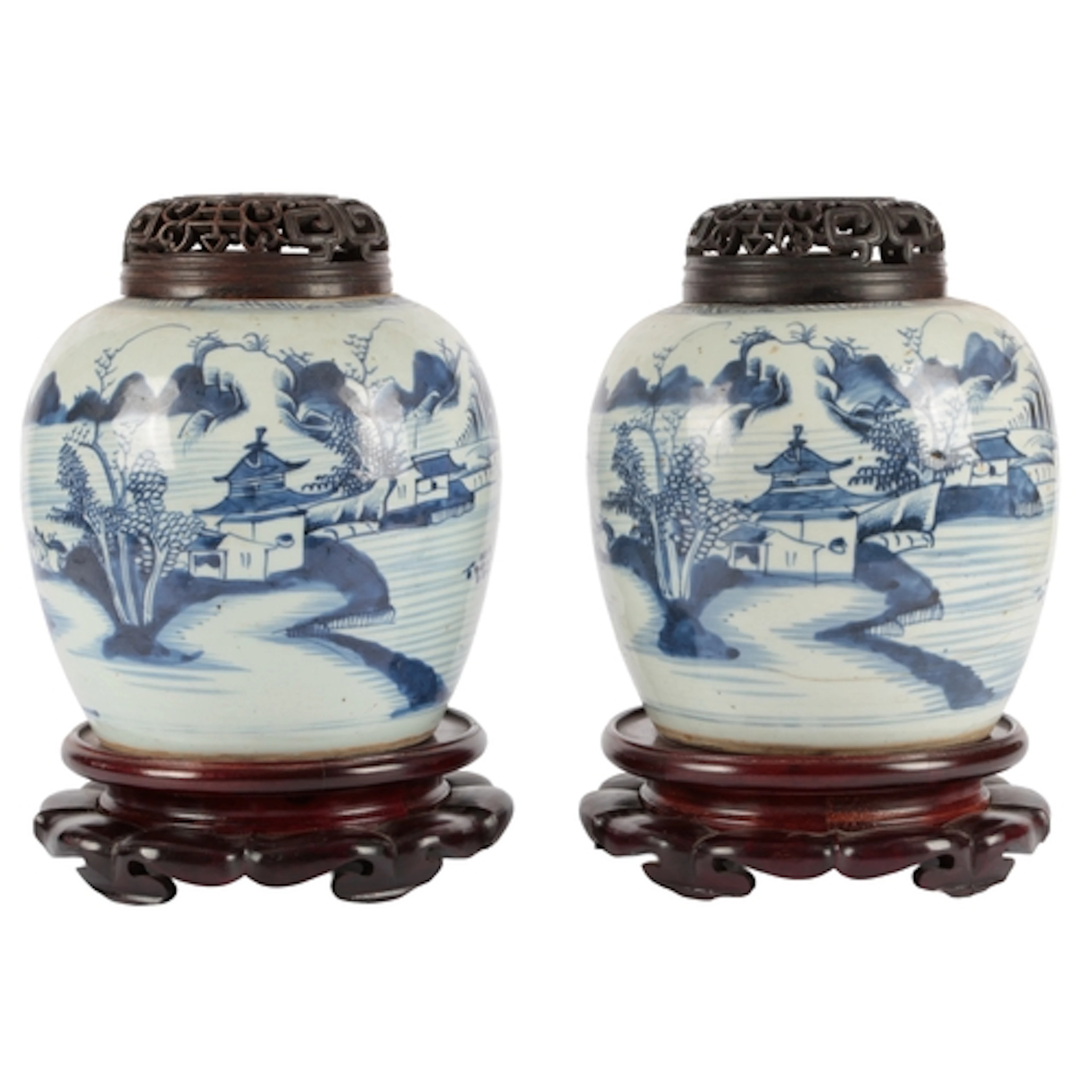 A pair of Chinese blue and white jars, 18th century, with pi...