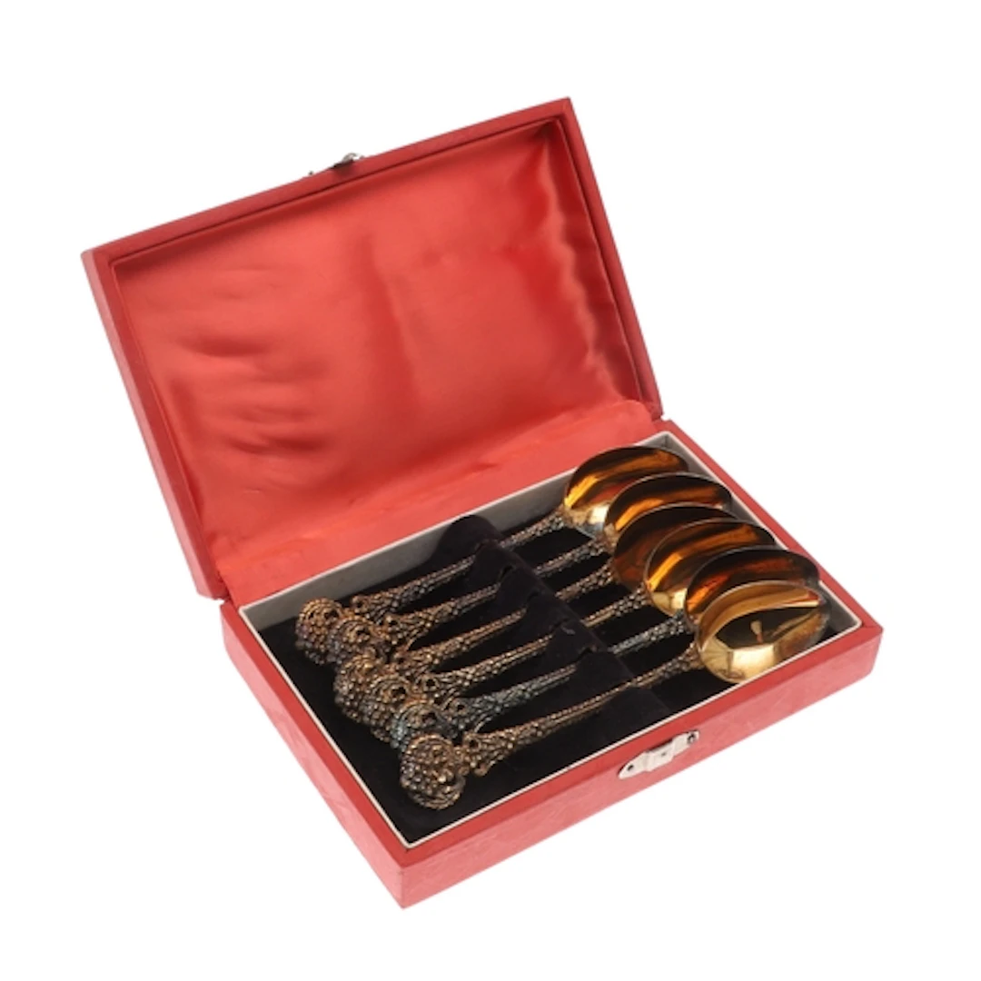 A CASED SET OF SIX 20TH CENTURY GILDED SILVER RUSSIAN / SOVI...