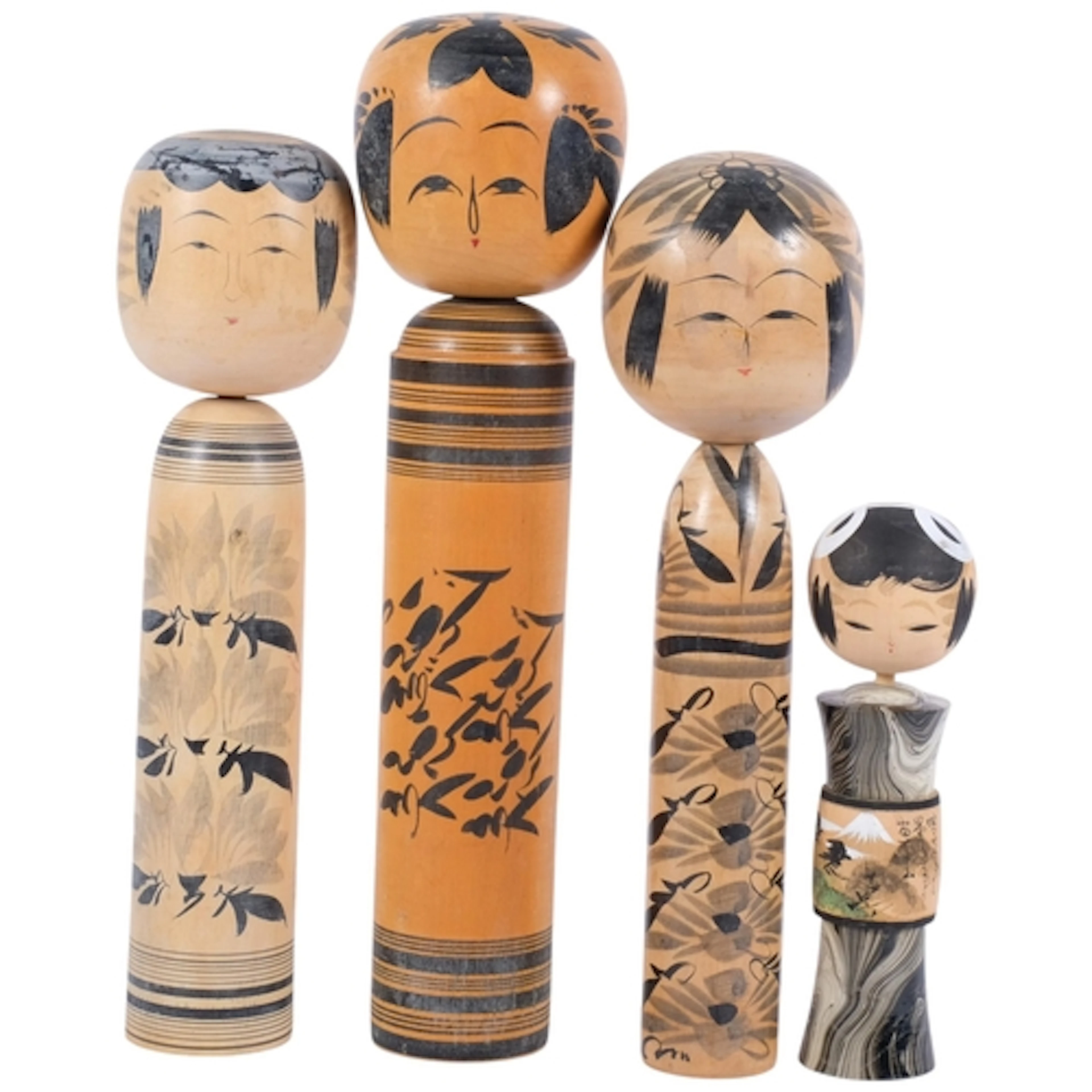 4 Japanese black and white painted Kokeshi dolls, tallest 41...