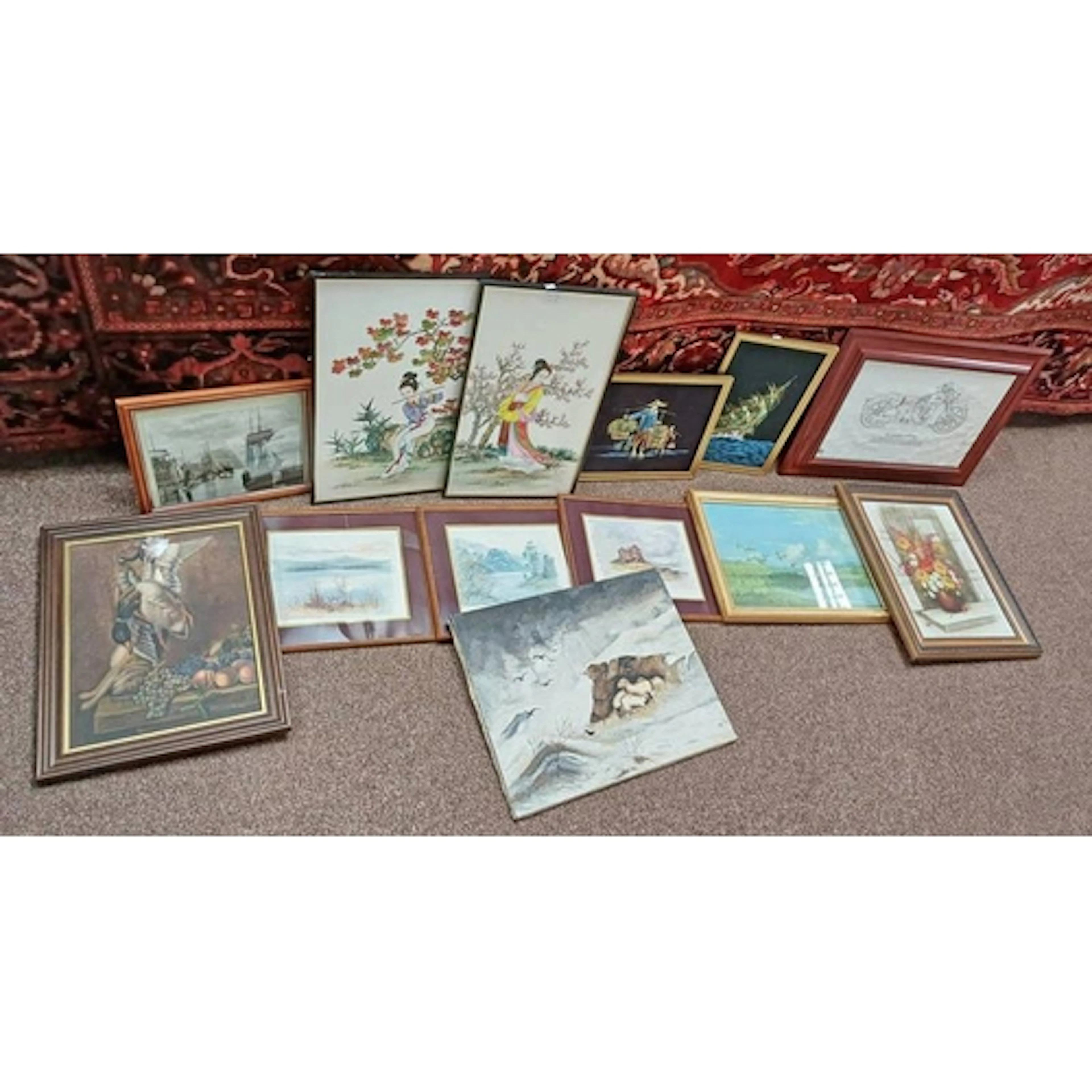 SELECTION OF PICTURES TO INCLUDE; 2 PAINTING ON SILK OF GEIS...