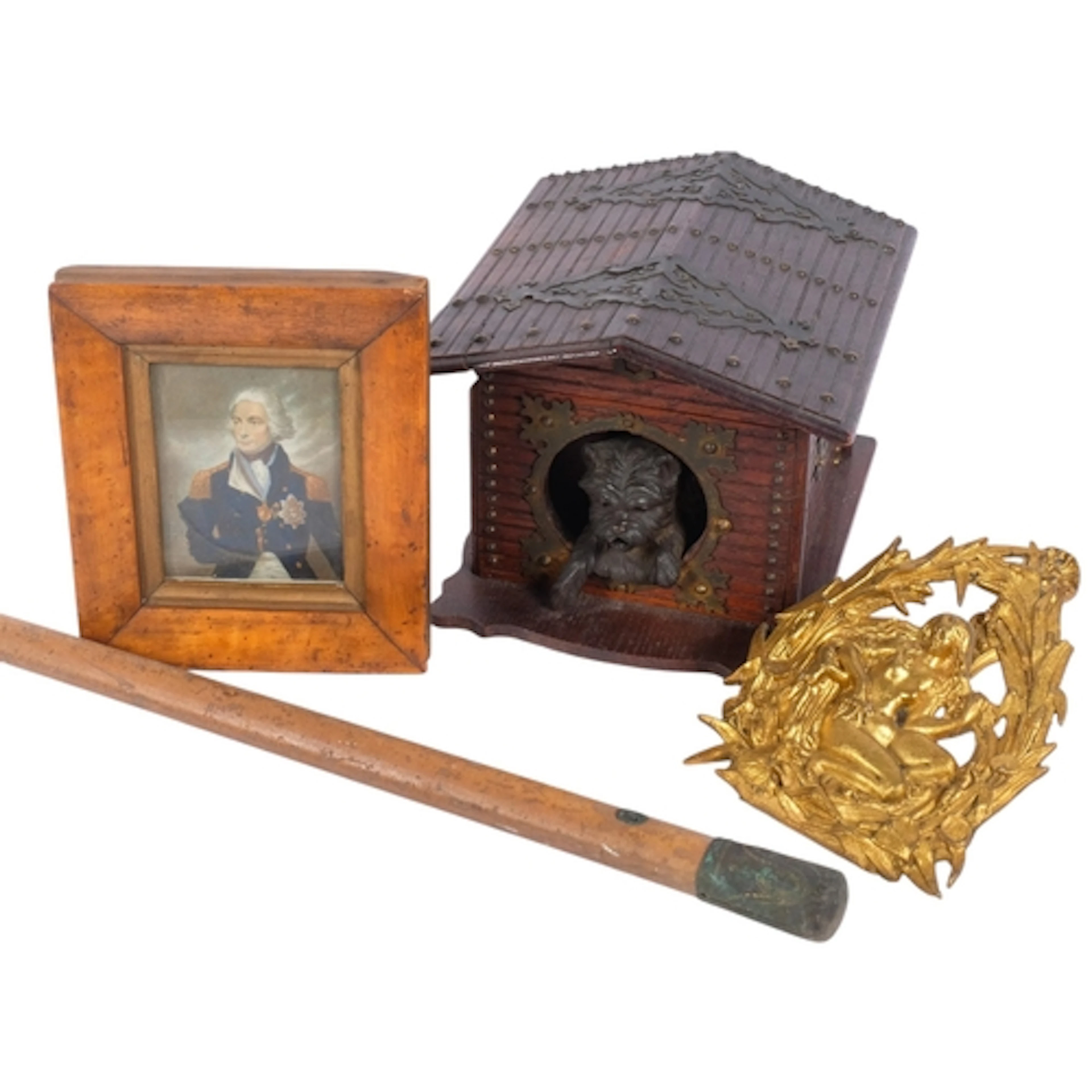 A Black Forest dog kennel design box, 21cm x 19cm, a gilt-br...