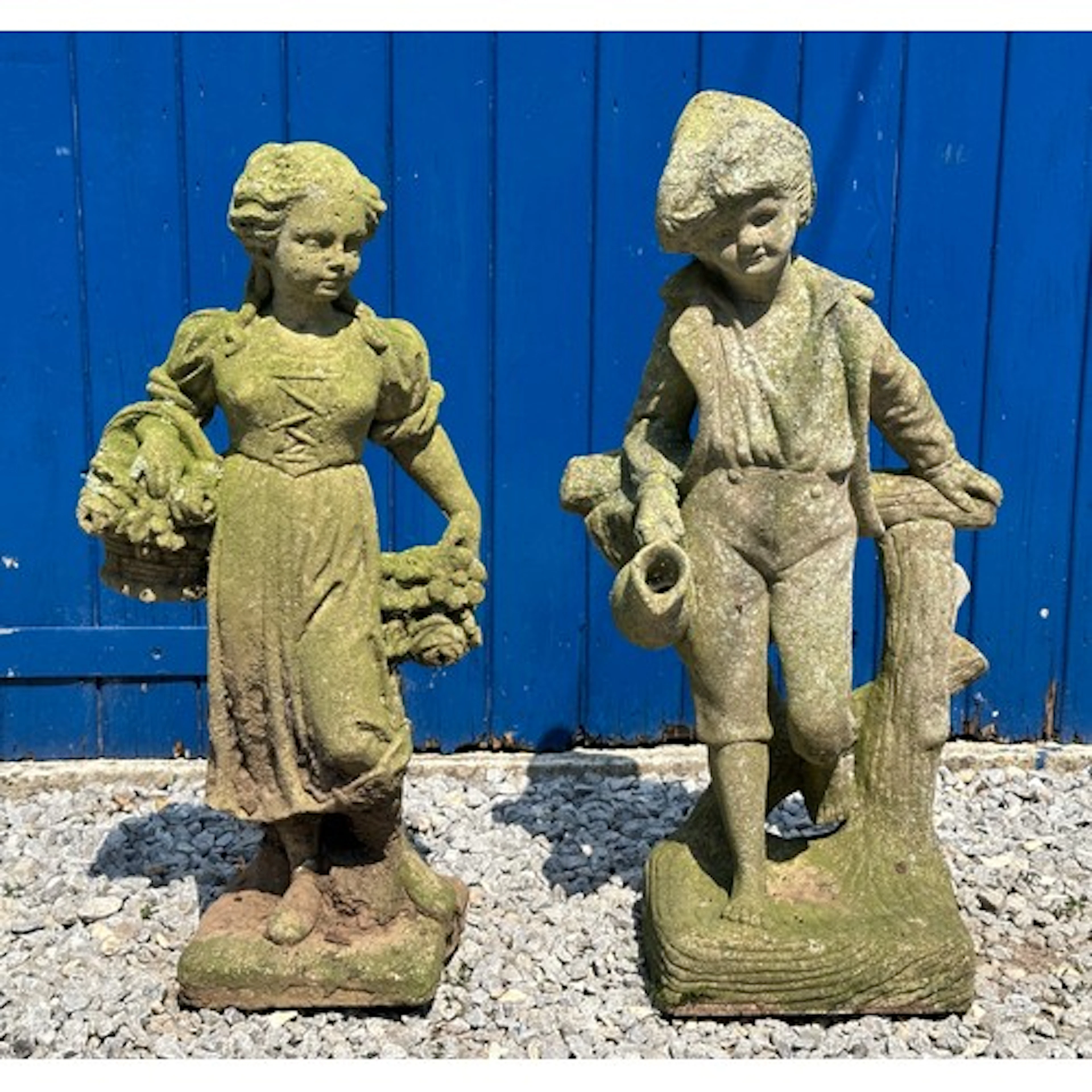 Two Haddonstone garden figures, girl with basket 76 h x 33cm...