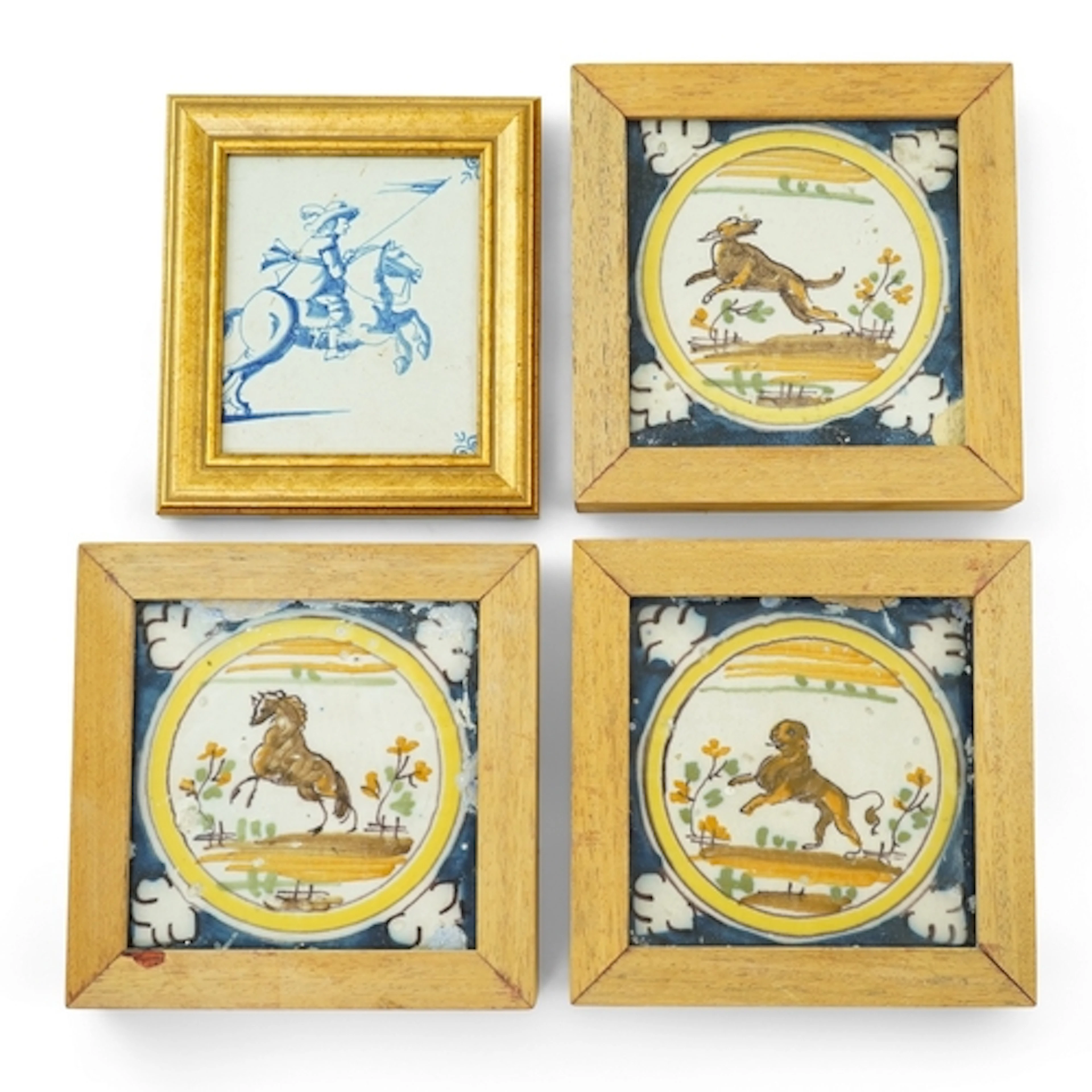 Three Spanish polychrome maiolica ‘animal’ tiles, Triana, ea...