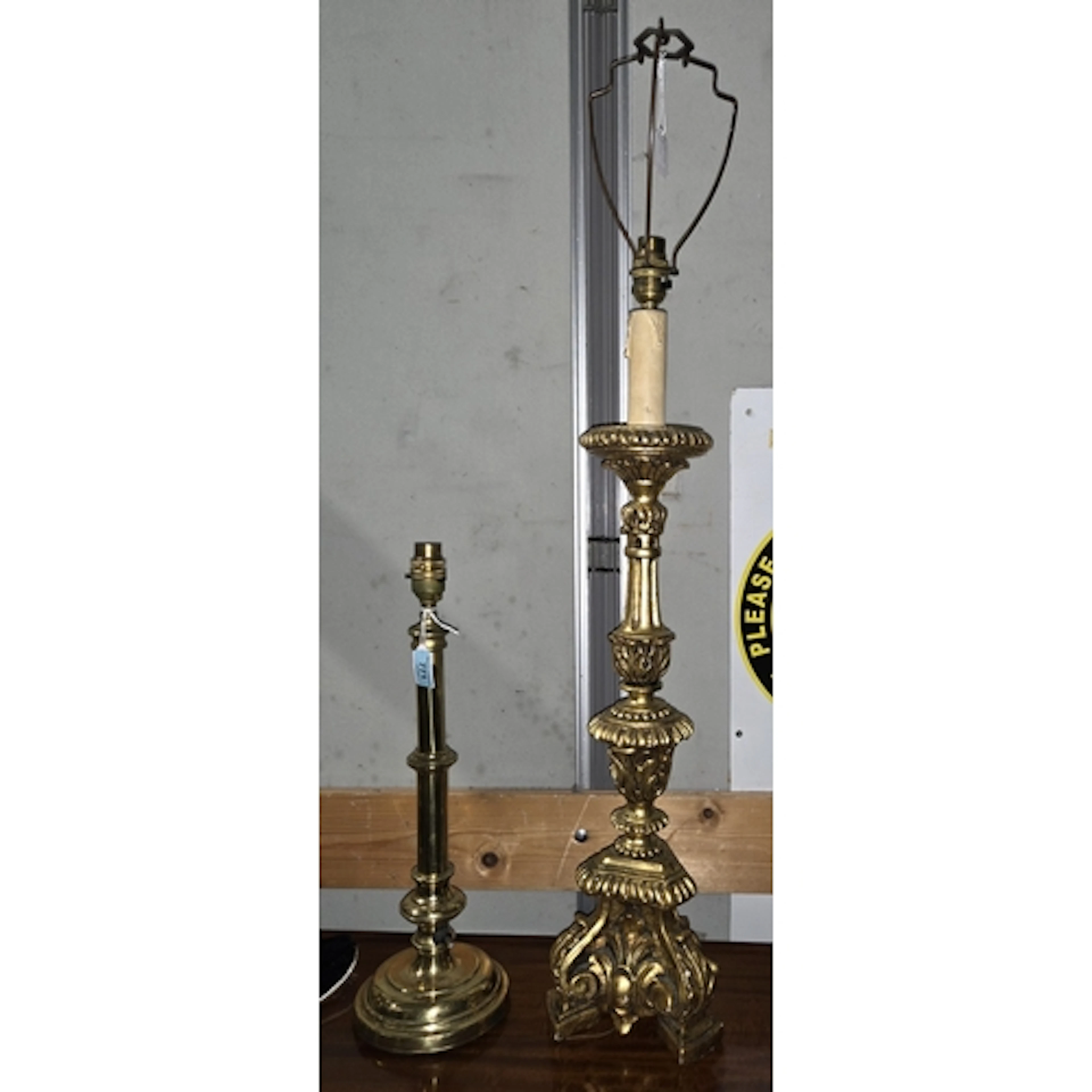 A VINTAGE LAMP BASE, brass cylindrical column on circular pl...