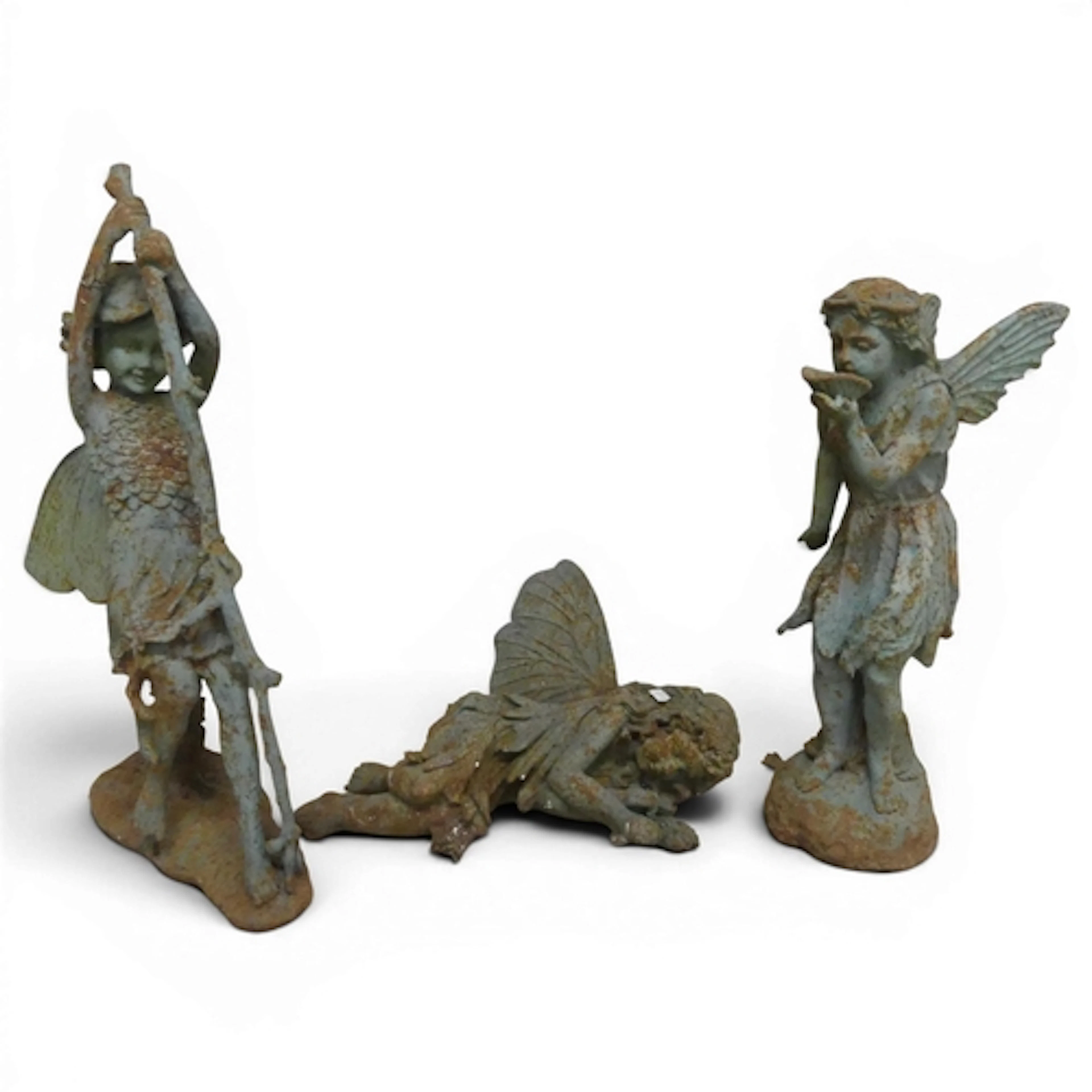 Three weathered painted cast iron fairy sculptures. Tallest ...