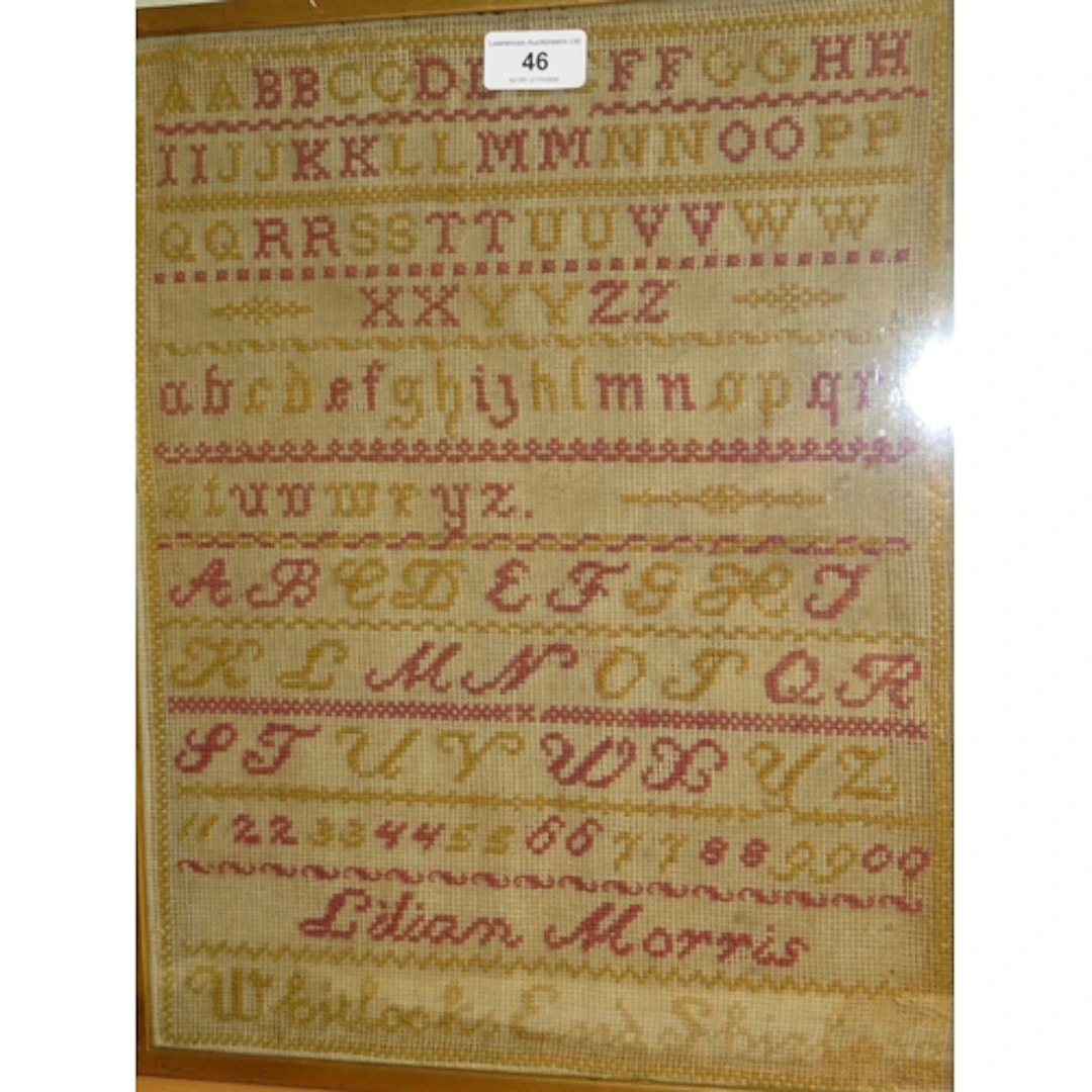 Pair of late Victorian family samplers, of alphabet design, ...