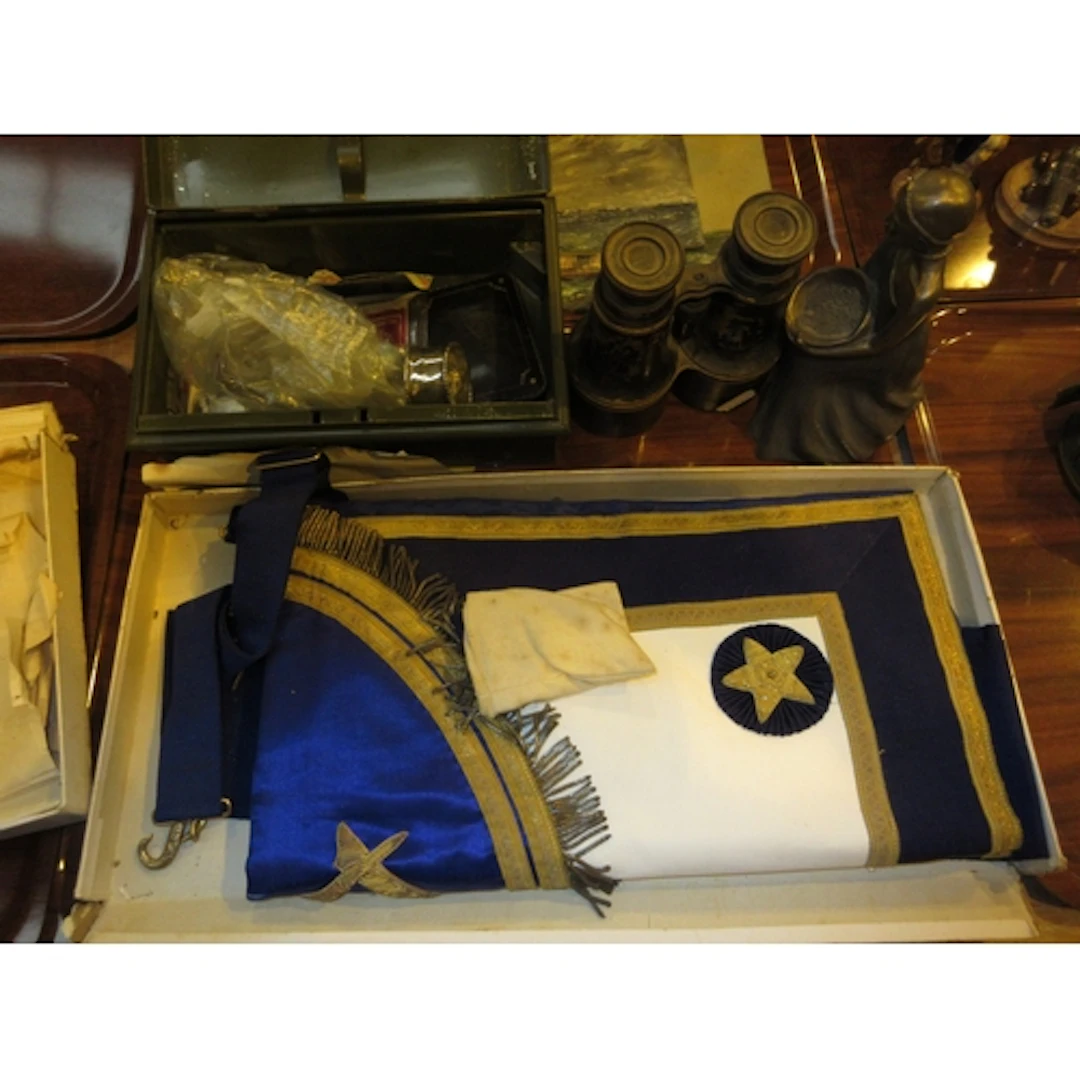 Deed Box with Silver Napkin Ring, Coins, Banknotes, Binocula...