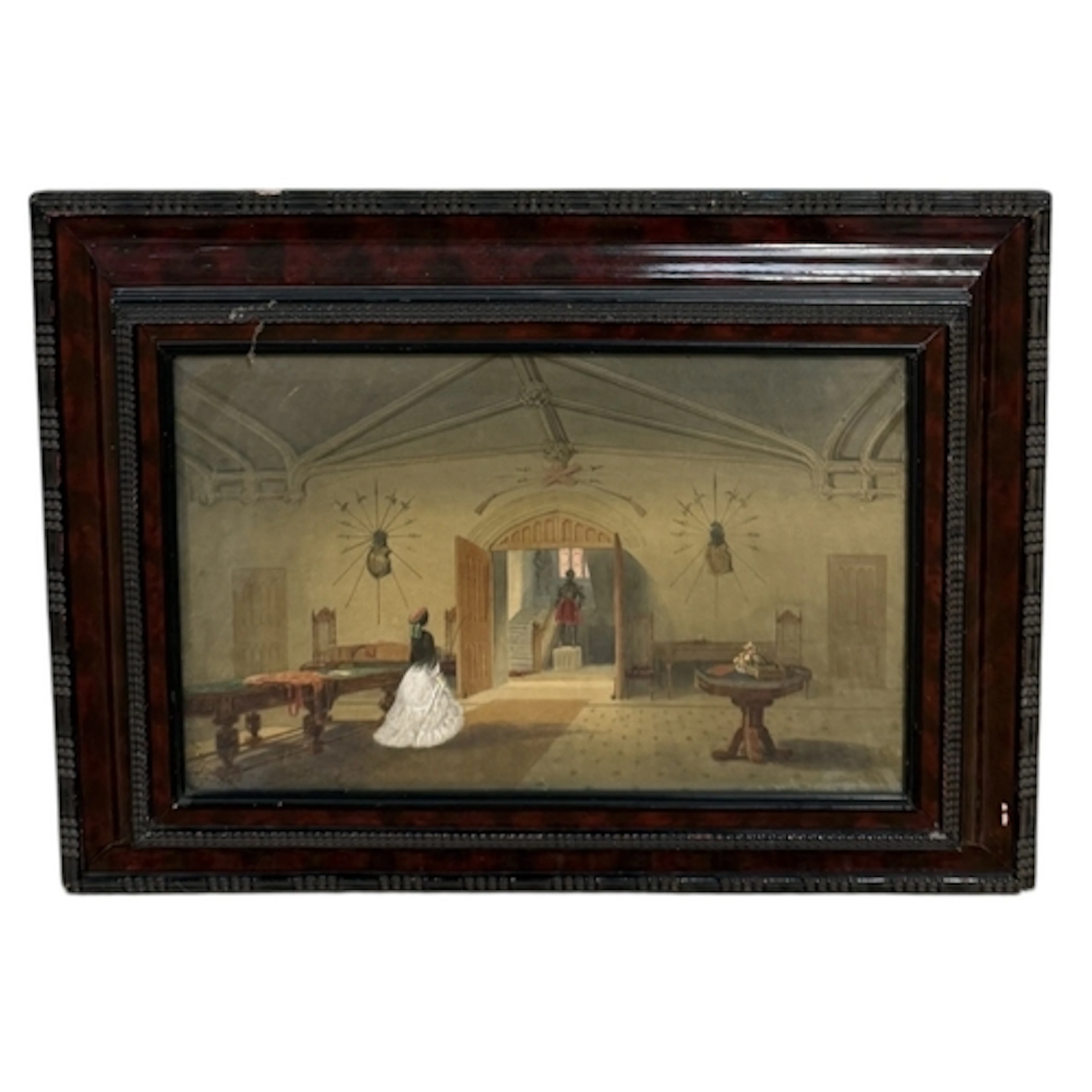 A WATERCOLOUR PAINTING ON PAPER DEPICTING A CASTLE INTERIOR ...
