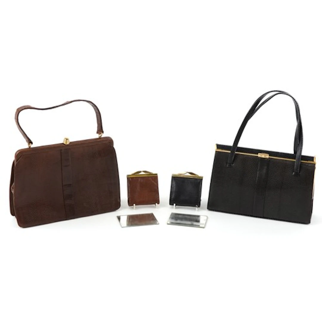 Two vintage lizard skin handbags with purses including Mappi...