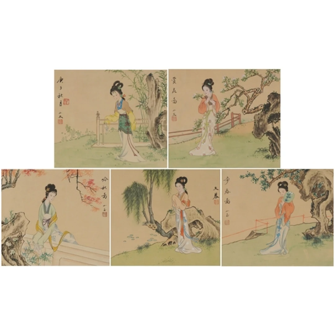 Set of five Japanese watercolours on silk of Geisha girls be...
