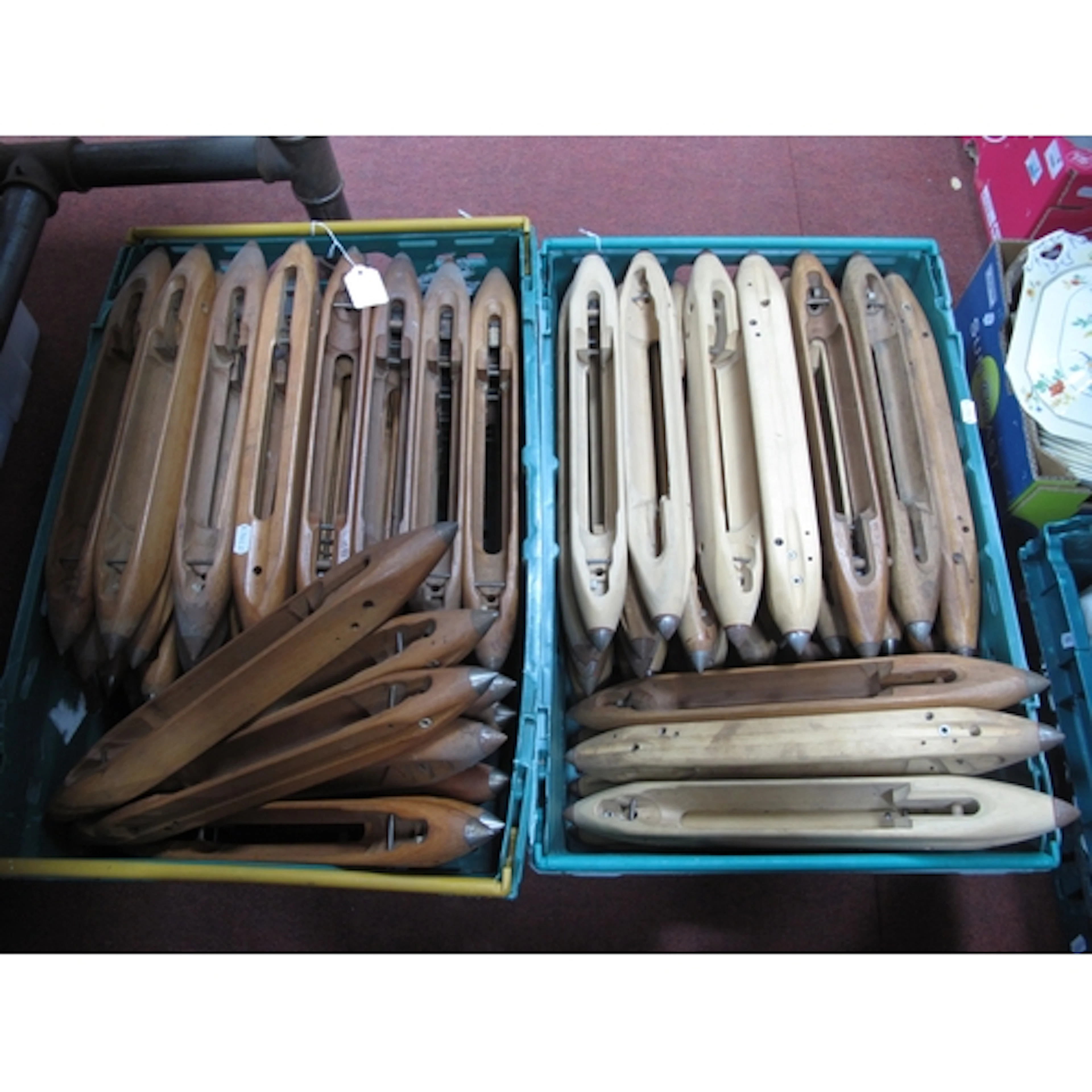 Large collection of 90+ wooden weaving loom shuttles, mainly...
