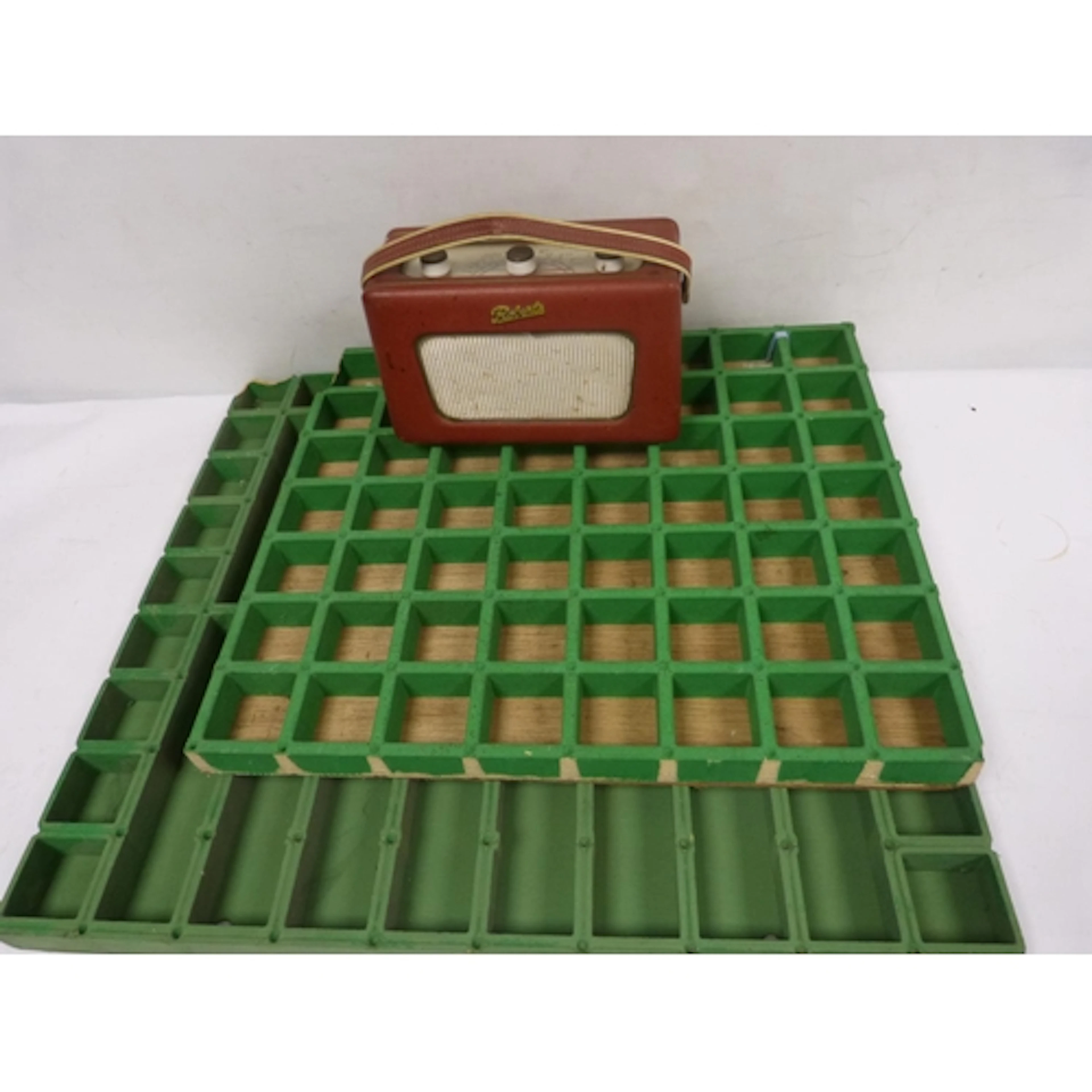 Two vintage printing block trays and a Roberts radio. (3)
