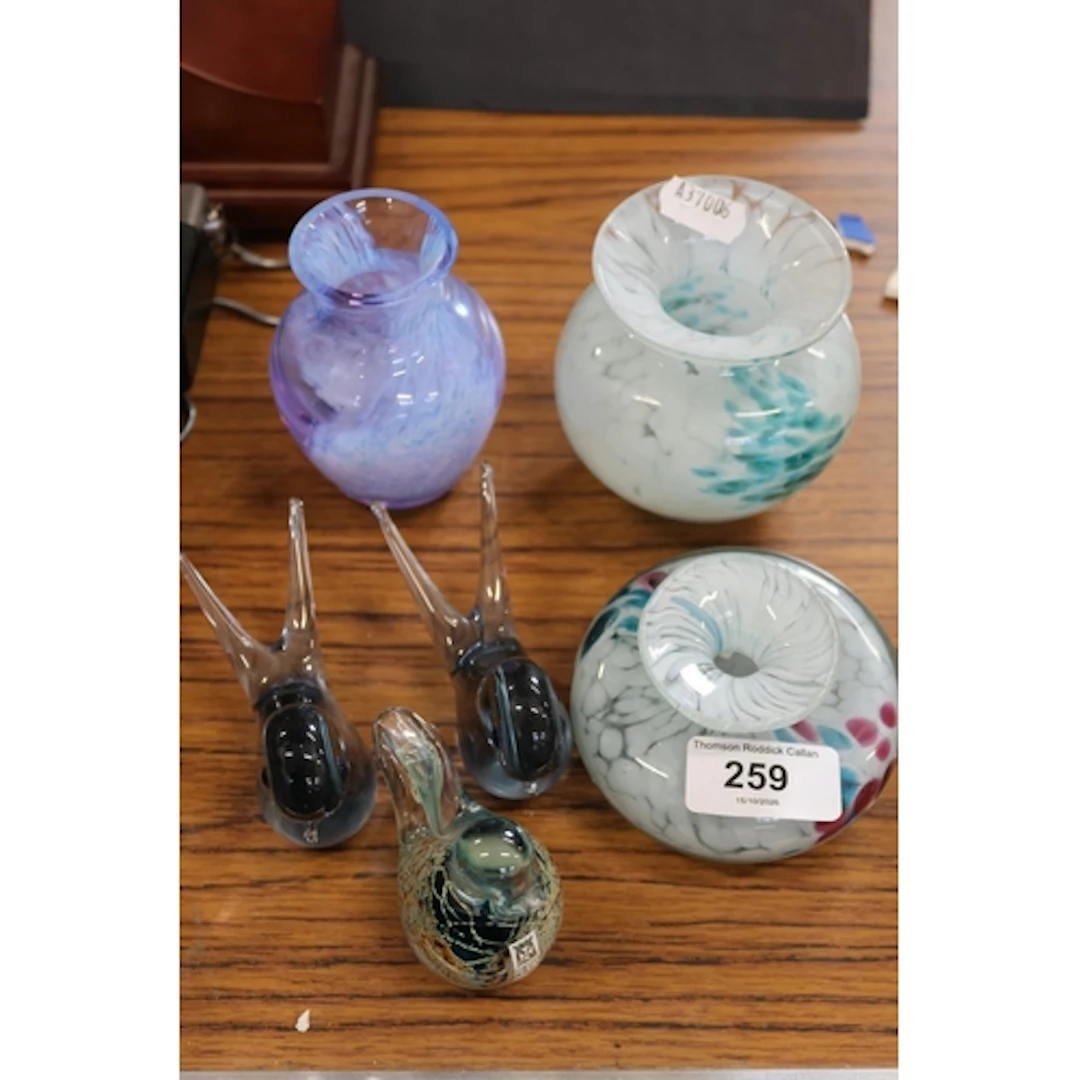 Two Mdina squat posy vases, a Caithness Glass vase, a Mdina ...