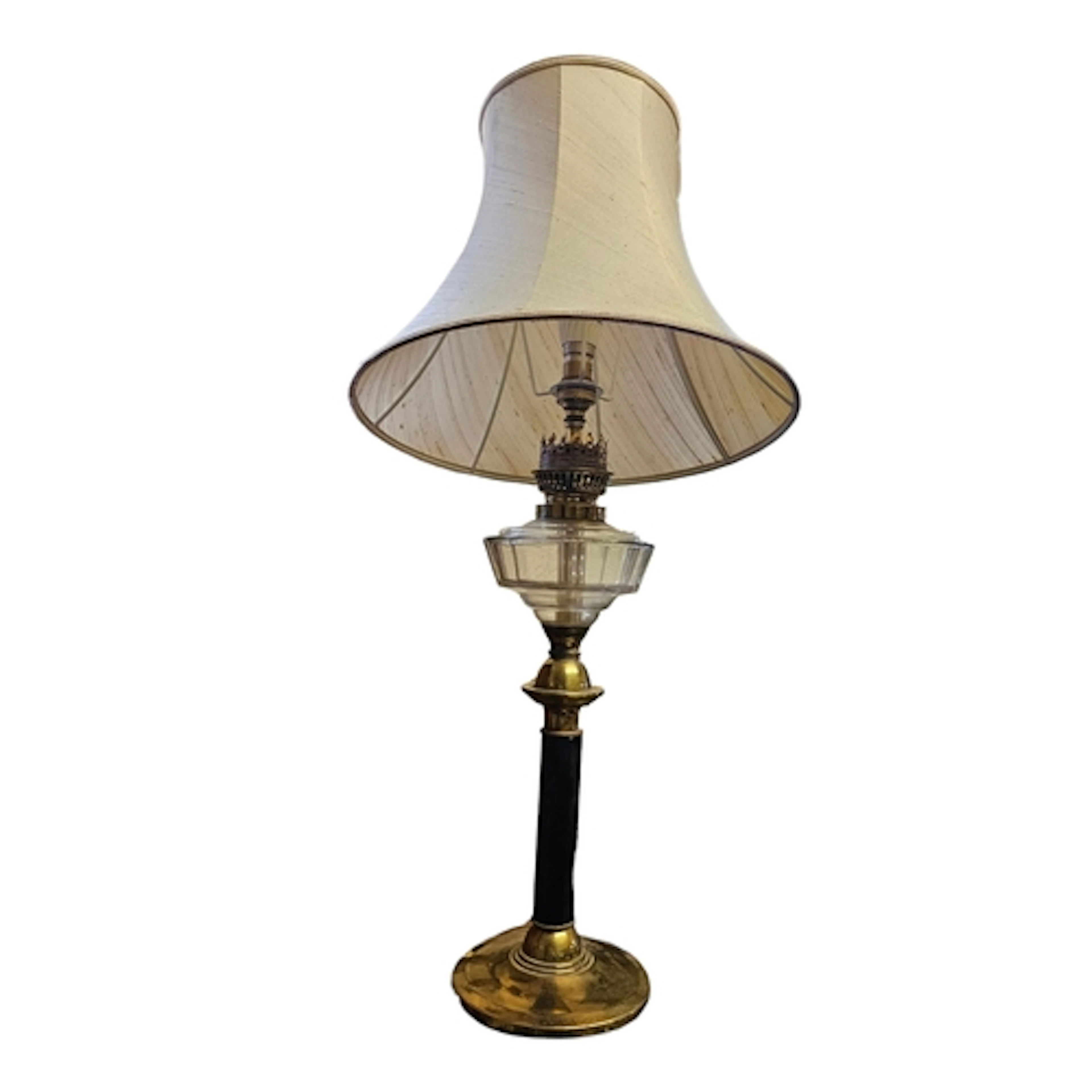A MID CENTURY BRASS AND ONYX GLASS OIL LAMP Clear glass well...