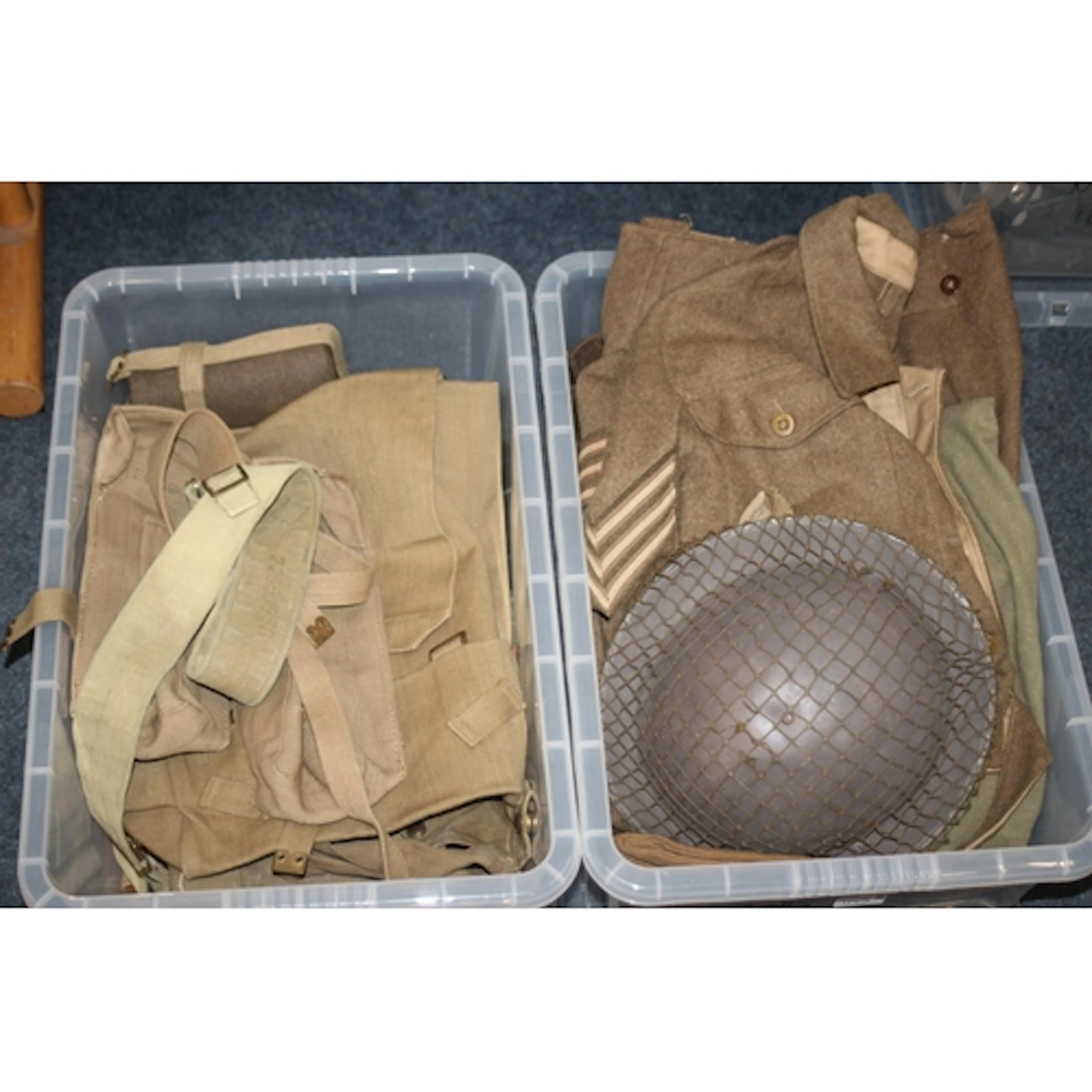 British WWII army uniform to include steel helmet, cap, batt...