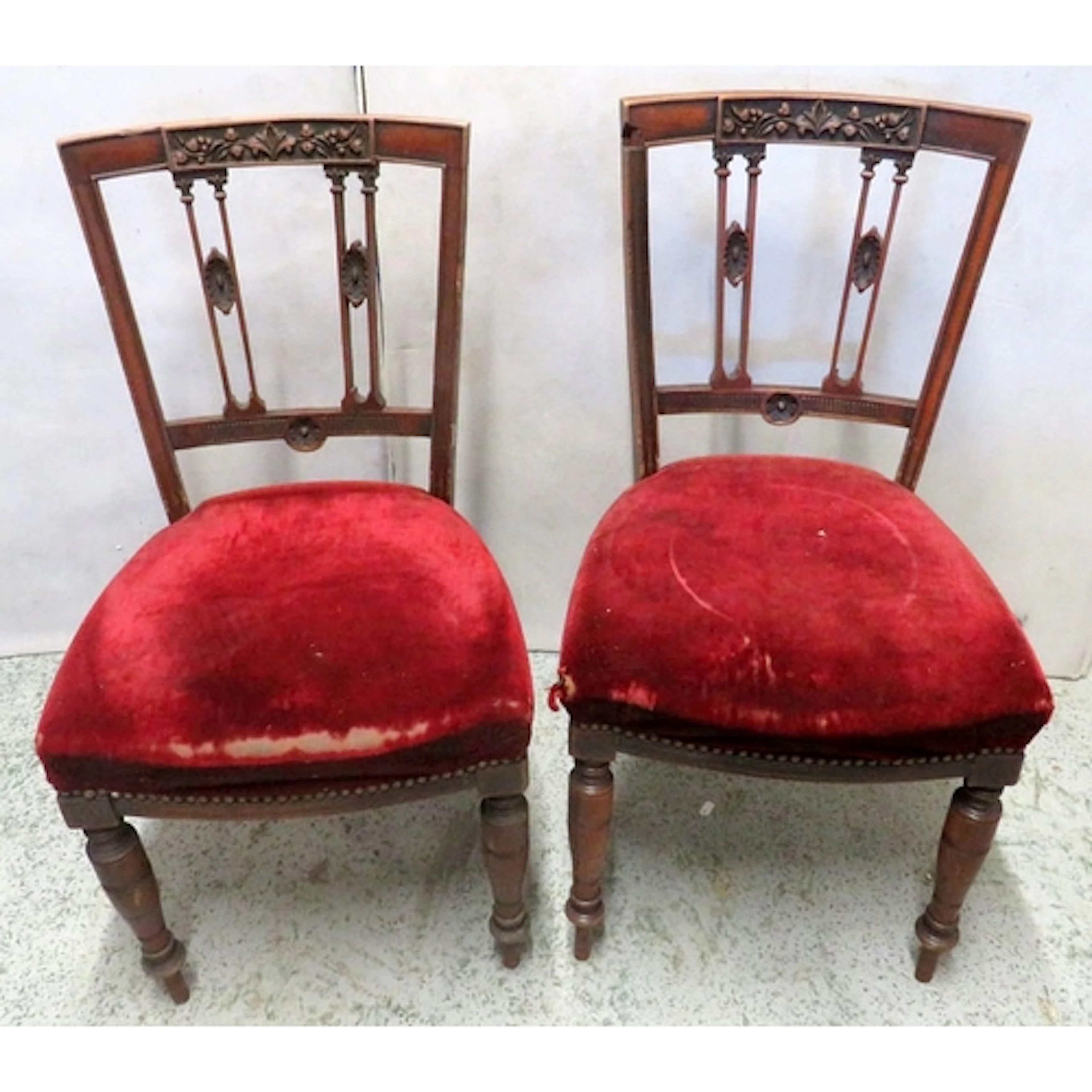 4 Antique Parlour Chairs, burgundy upholstery, turned suppor...