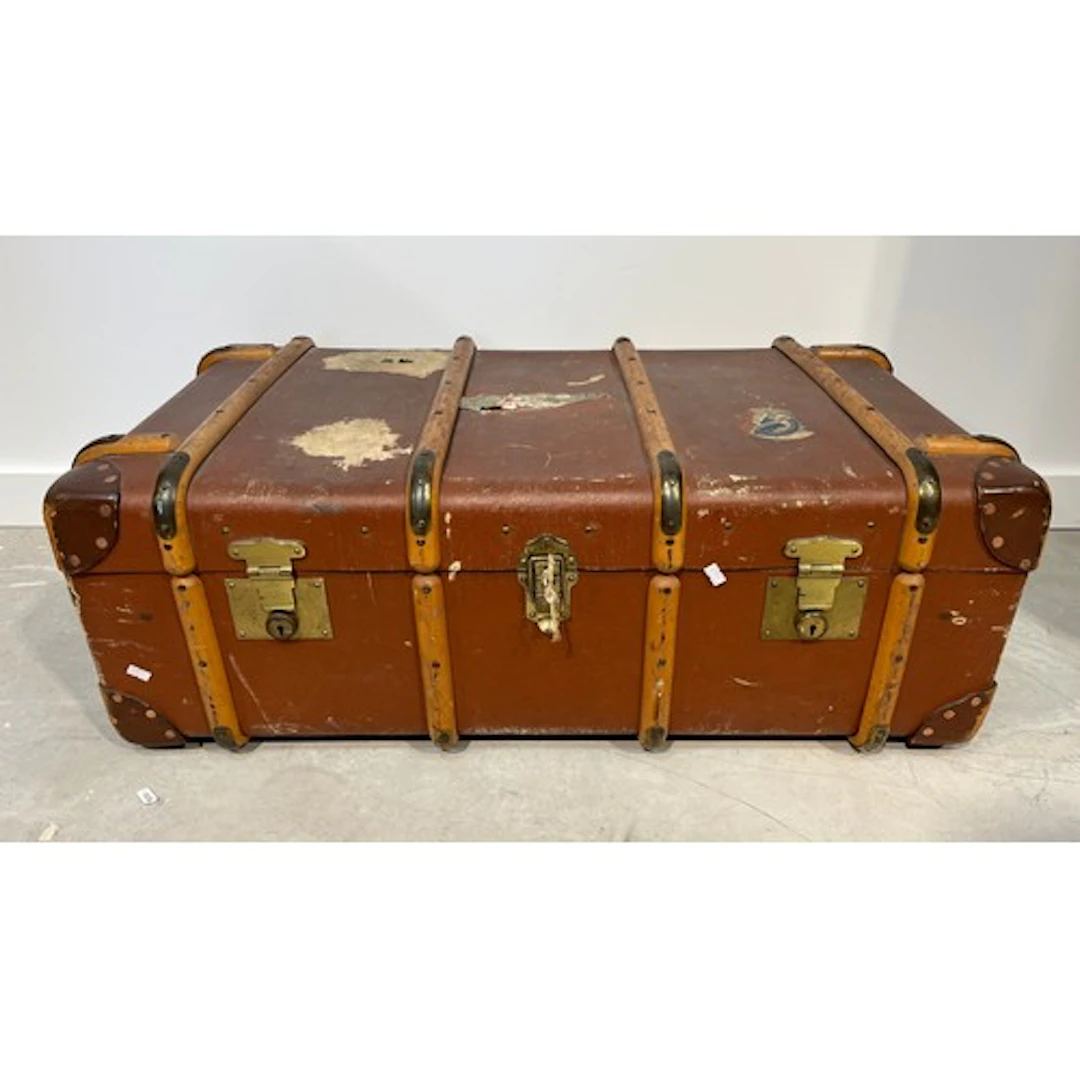 Bound travel trunk, opposing leather handles, 94cm x 33cm x ...