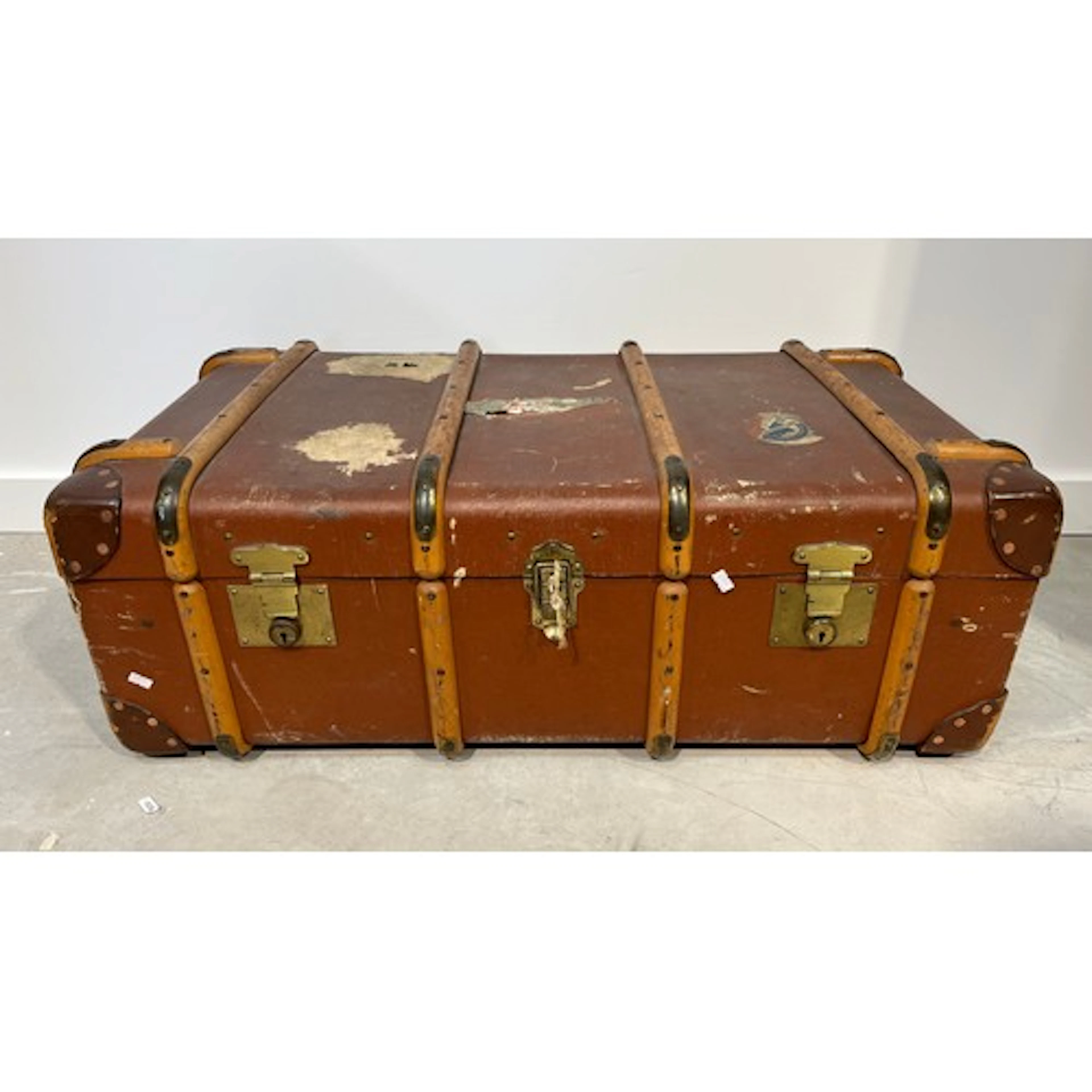 Bound travel trunk, opposing leather handles, 94cm x 33cm x ...
