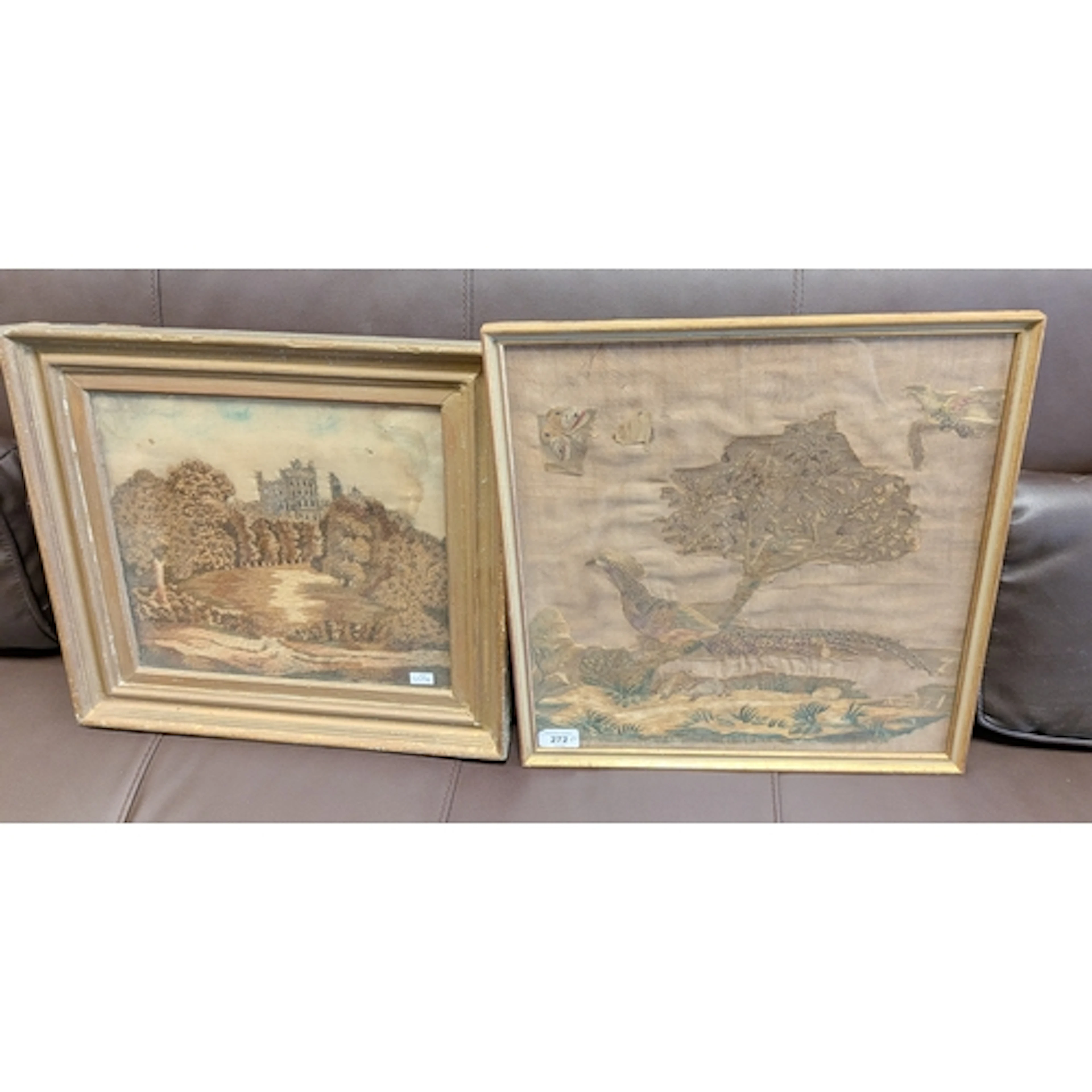 Two antique glazed framed needlework pictures, one is likely...